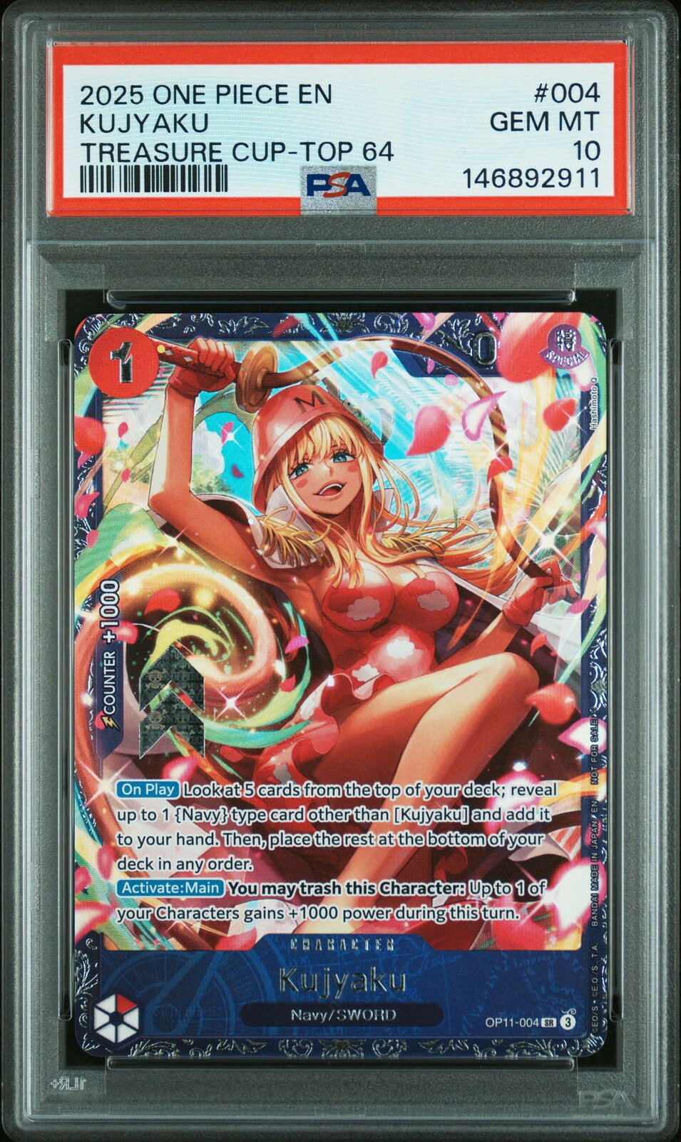 ワンピース英語版 2025 PROMOS TREASURE CUP-TOP 64 KUJYAKU クジャク #004 PSA 10 鑑定済