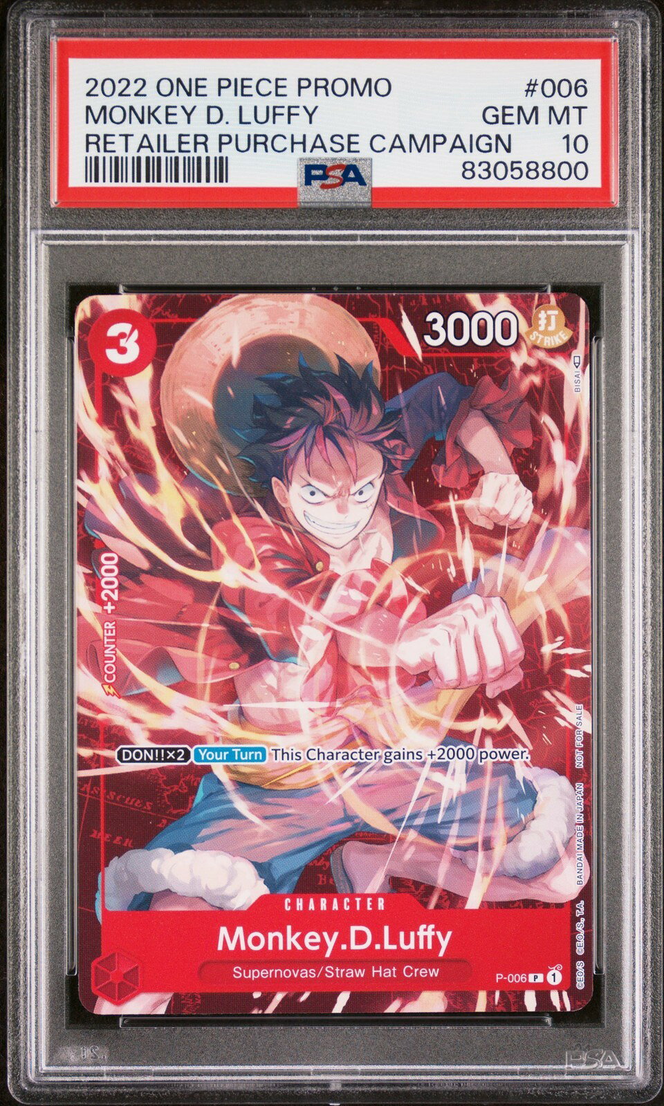 ワンピース英語版 2022 ONE PIECE PROMOS RETAILER PURCHASE CAMPAIGN モンキー・D・ルフィ プロモ #006 PSA 10 鑑定済