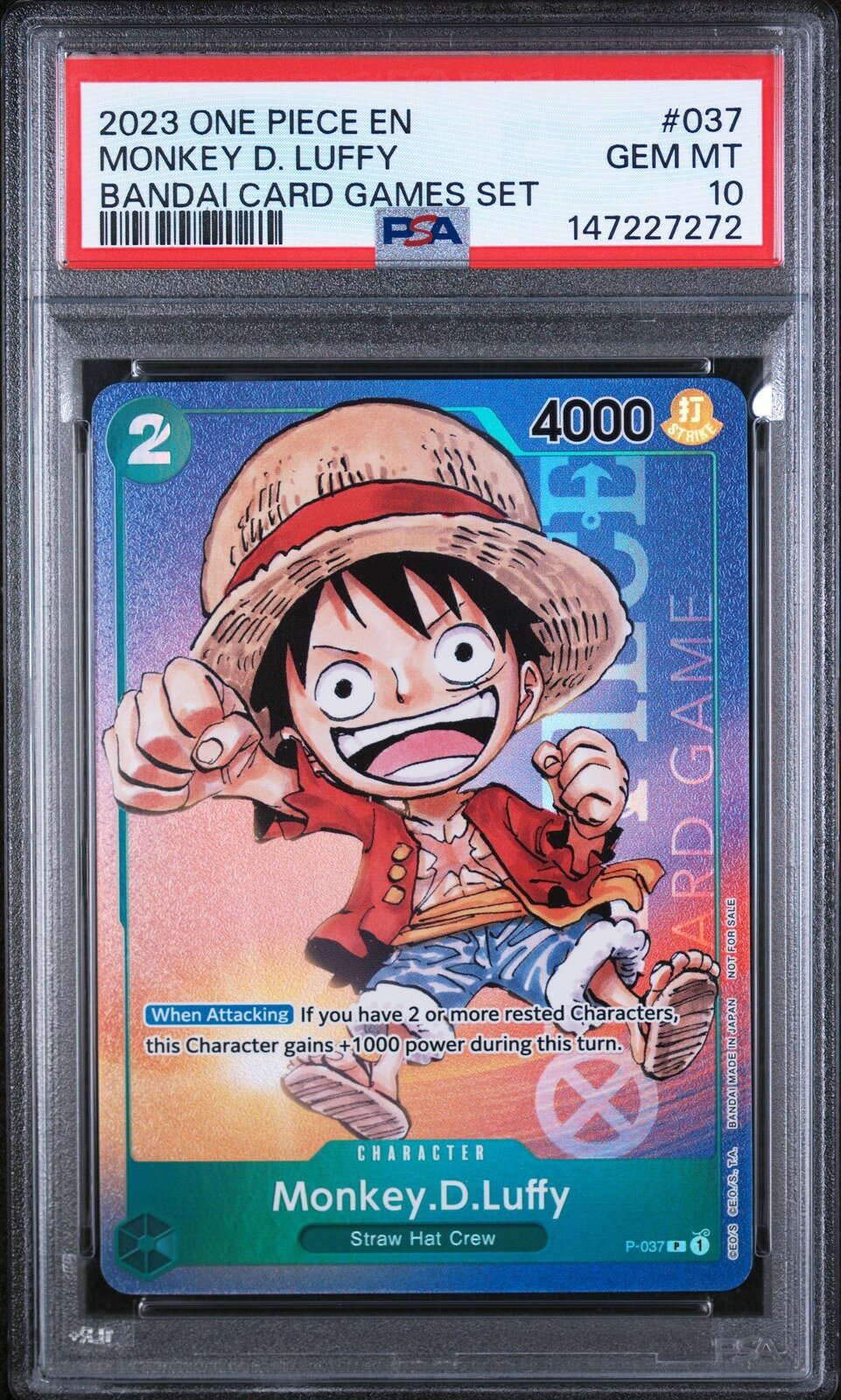 PRODUCT DETAILS 【商品情報】・鑑定機関：PSA・グレード：10・カード名（キャラクター）：モンキー・D・ルフィ (MONKEY D. LUFFY)・年式・シリーズ（セット名）：2023 ONE PIECE PROMOS BANDAI CARD GAMES SET・カード番号：#037・種別：プロモ・シリアル：なし【コンディション】・第三者鑑定機関PSAにより鑑定・スラブ封入された現品です。・状態はPSAのグレード表記に準じます。・スラブは未開封のまま発送します。・鑑定番号はPSA公式サイトで照合可能です。【ご注意】・本商品は海外直輸入中古品です。・海外倉庫からのお取り寄せのため、発送までに数日〜2〜3週間程度かかる場合があります。・1点限りの商品です。ご注文後に万一入手できない場合はキャンセル・返金とさせていただきます。・鑑定済みスラブ品のため、返品・返金保証の対象外（現状品）となります。 ■ 商品について 海外輸入品（説明書は英語表記の場合あり） ■ ご注意 ・掲載画像は実物に近い色味になるよう調整しておりますが、ご利用の環境により差異が生じる場合があります。・複数店舗で在庫を共有しているため、ご注文後に在庫切れとなる場合がございます。 ■ 納期について お届けの目安を必ずご確認ください。 海外正規ルート仕入れ品 海外ブランド ▼ 海外正規ブランド店 正規代理店 ▼ 当 店 ※本商品は並行輸入品です 製造元は正規品と同一のブランド・メーカーです。当店では海外正規ルートより仕入れた商品を取り扱っております。流通ルートが異なるのみで、商品自体に違いはございません。 ── 当店の商品について ── 正規品のみ取り扱い 海外正規店・正規代理店から商品を直接仕入れ、国内に輸入して販売しております。 日本未入荷・海外限定モデルも多数 日本未入荷・海外限定モデルも多数取り扱っております。サイズ・カラー違いや海外限定で販売された製品など、日本では手に入りにくいアイテムをお届けいたします。 お求めやすい価格の理由 海外市場での価格差や流通ルートの違いにより、国内販売価格よりお求めやすくなっております。品質はそのままに、よりお手頃な価格でお届けいたします。 安心保証 ご使用前に万が一、製品に不具合がございました場合は、交換または商品代金のご返金にて対応させていただきます。商品到着後5日以内にご連絡ください。 ご注意 海外からの輸入品となります。海外輸送のため、外箱に軽微なスレ等がある場合がございますが、商品本体には影響ございません。 ※在庫状況は仕入先の在庫情報をもとに出来る限り正確に表示しておりますが、取寄せ商品のため、タイミングによりご注文後に欠品・キャンセルとなる場合がございます。 お探しの商品がございましたら、お気軽にご相談ください。