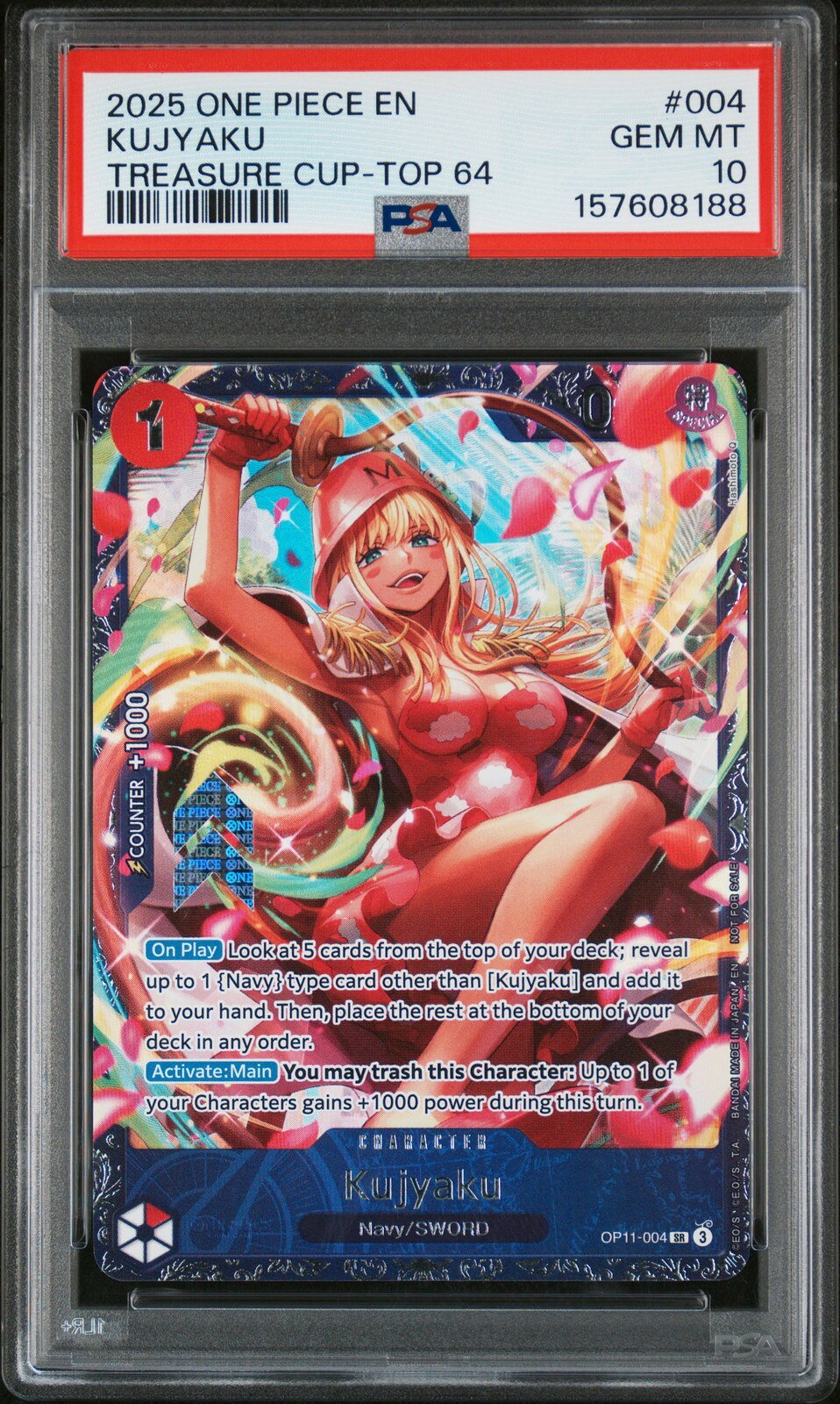 ワンピース英語版 2025 ONE PIECE PROMOS TREASURE CUP-TOP 64 クジャク KUJYAKU プロモ #004 PSA10 鑑定済
