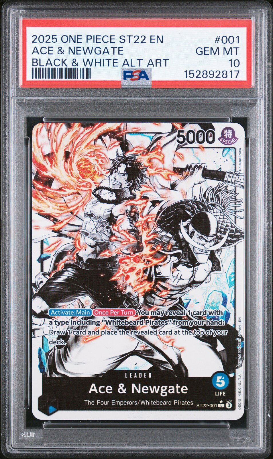 PRODUCT DETAILS 【商品情報】・鑑定機関: PSA・グレード: PSA 10・カード名（キャラクター）: ACE & NEWGATE・年式・シリーズ（セット名）: 2025 ONE PIECE STARTER DECK ST22-ACE & NEWGATE・カード番号: #001・種別: シングルカード・シリアル: なし【コンディション】・第三者鑑定機関PSAにより鑑定・スラブ封入された現品です。・状態はPSAのグレード表記に準じます。・スラブは未開封のまま発送します。・鑑定番号はPSA公式サイトで照合可能です。【ご注意】・本商品は海外直輸入中古品です。・海外倉庫からのお取り寄せのため、発送までに数日〜2〜3週間程度かかる場合があります。・1点限りの商品です。ご注文後に万一入手できない場合はキャンセル・返金とさせていただきます。・鑑定済みスラブ品のため、返品・返金保証の対象外（現状品）となります。 ■ 商品について 海外輸入品（説明書は英語表記の場合あり） ■ ご注意 ・掲載画像は実物に近い色味になるよう調整しておりますが、ご利用の環境により差異が生じる場合があります。・複数店舗で在庫を共有しているため、ご注文後に在庫切れとなる場合がございます。 ■ 納期について お届けの目安を必ずご確認ください。 海外正規ルート仕入れ品 海外ブランド ▼ 海外正規ブランド店 正規代理店 ▼ 当 店 ※本商品は並行輸入品です 製造元は正規品と同一のブランド・メーカーです。当店では海外正規ルートより仕入れた商品を取り扱っております。流通ルートが異なるのみで、商品自体に違いはございません。 ── 当店の商品について ── 正規品のみ取り扱い 海外正規店・正規代理店から商品を直接仕入れ、国内に輸入して販売しております。 日本未入荷・海外限定モデルも多数 日本未入荷・海外限定モデルも多数取り扱っております。サイズ・カラー違いや海外限定で販売された製品など、日本では手に入りにくいアイテムをお届けいたします。 お求めやすい価格の理由 海外市場での価格差や流通ルートの違いにより、国内販売価格よりお求めやすくなっております。品質はそのままに、よりお手頃な価格でお届けいたします。 安心保証 ご使用前に万が一、製品に不具合がございました場合は、交換または商品代金のご返金にて対応させていただきます。商品到着後5日以内にご連絡ください。 ご注意 海外からの輸入品となります。海外輸送のため、外箱に軽微なスレ等がある場合がございますが、商品本体には影響ございません。 ※在庫状況は仕入先の在庫情報をもとに出来る限り正確に表示しておりますが、取寄せ商品のため、タイミングによりご注文後に欠品・キャンセルとなる場合がございます。 お探しの商品がございましたら、お気軽にご相談ください。