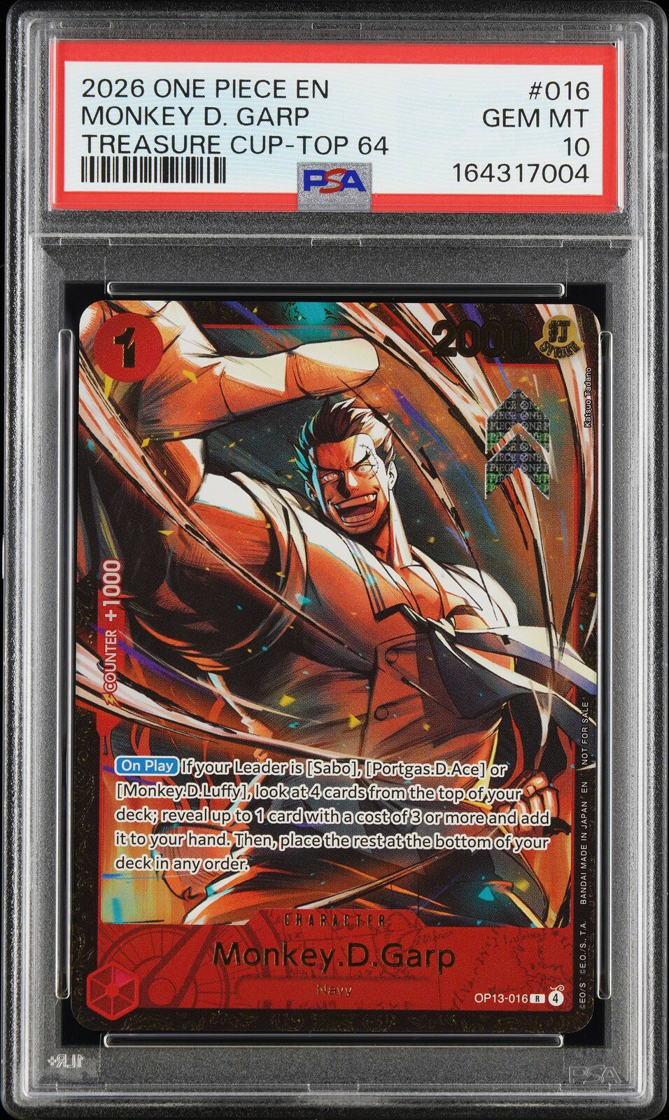 ワンピース英語版 2026 ONE PIECE PROMOS TREASURE CUP-TOP 64 モンキー・D・ガープ プロモ #016 PSA10 鑑定済