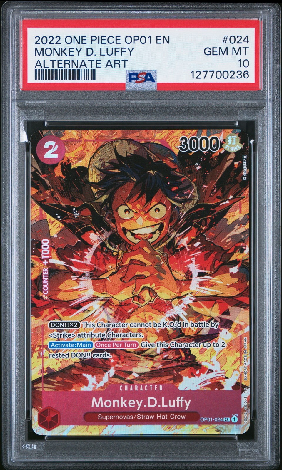 ワンピース英語版 2022 ONE PIECE OP01-ROMANCE DAWN ALTERNATE ART #024 MONKEY D. LUFFY PSA 10 鑑定済