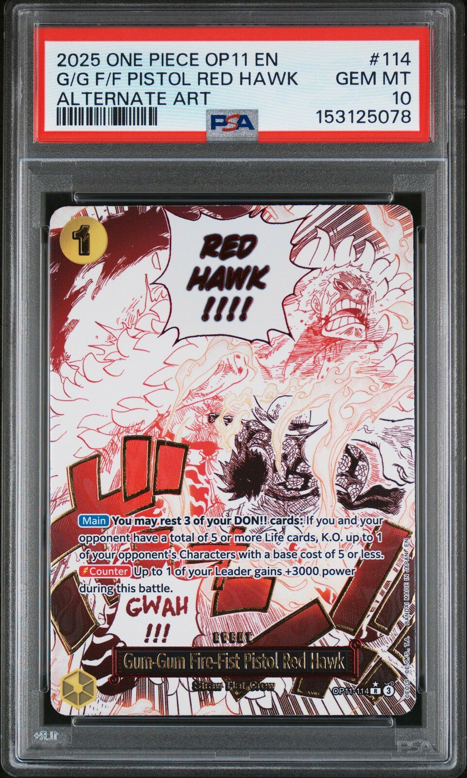 ワンピース英語版 FIST OF DIVINE SPEED GUM-GUM FIRE-FIST PISTOL RED HAWK OP11-A PSA10 鑑定済