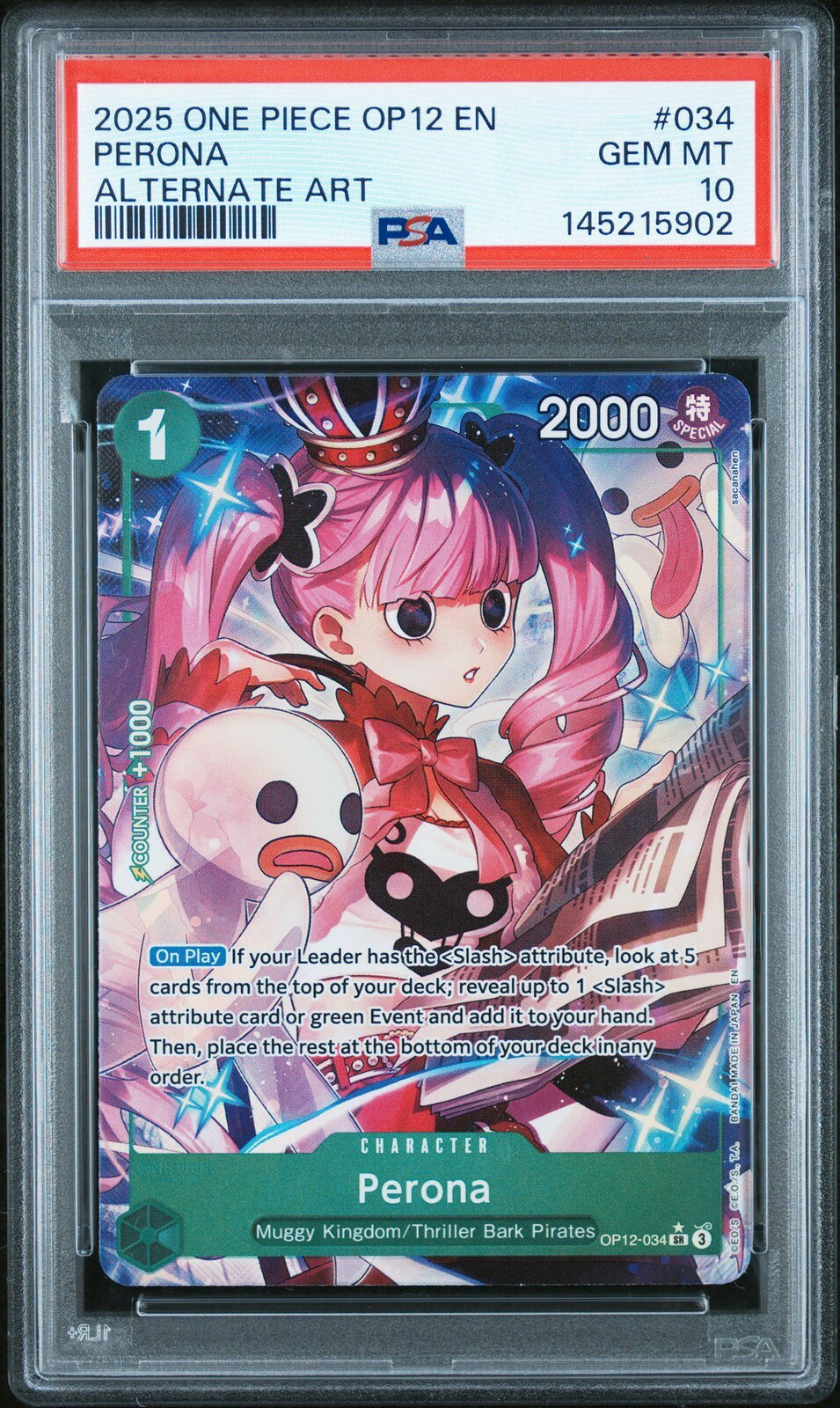 ワンピース英語版 2025 OP12-LEGACY OF THE MASTER ペローナ PERONA ALTERNATE ART #034 PSA 10 鑑定済【中古】
