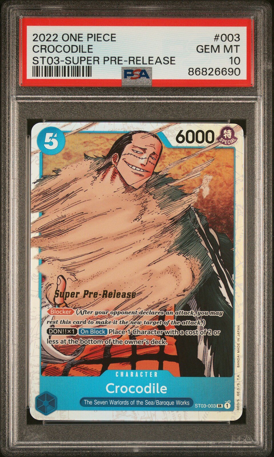 PRODUCT DETAILS 【商品情報】・鑑定機関:PSA・グレード:10・カード名（キャラクター）:CROCODILE (クロコダイル)・年式・シリーズ（セット名）:2022 STARTER DECK ST03-THE SEVEN WARLORDS OF THE SEA・カード番号:ST03・種別:STARTER DECK・シリアル:なし【コンディション】・第三者鑑定機関PSAにより鑑定・スラブ封入された現品です。・状態はPSAのグレード表記に準じます。・スラブは未開封のまま発送します。・鑑定番号はPSA公式サイトで照合可能です。【ご注意】・本商品は海外直輸入中古品です。・海外倉庫からのお取り寄せのため、発送までに数日〜2〜3週間程度かかる場合があります。・1点限りの商品です。ご注文後に万一入手できない場合はキャンセル・返金とさせていただきます。・鑑定済みスラブ品のため、返品・返金保証の対象外（現状品）となります。 ■ 商品について 海外輸入品（説明書は英語表記の場合あり） ■ ご注意 ・掲載画像は実物に近い色味になるよう調整しておりますが、ご利用の環境により差異が生じる場合があります。・複数店舗で在庫を共有しているため、ご注文後に在庫切れとなる場合がございます。 ■ 納期について お届けの目安を必ずご確認ください。 海外正規ルート仕入れ品 海外ブランド ▼ 海外正規ブランド店 正規代理店 ▼ 当 店 ※本商品は並行輸入品です 製造元は正規品と同一のブランド・メーカーです。当店では海外正規ルートより仕入れた商品を取り扱っております。流通ルートが異なるのみで、商品自体に違いはございません。 ── 当店の商品について ── 正規品のみ取り扱い 海外正規店・正規代理店から商品を直接仕入れ、国内に輸入して販売しております。 日本未入荷・海外限定モデルも多数 日本未入荷・海外限定モデルも多数取り扱っております。サイズ・カラー違いや海外限定で販売された製品など、日本では手に入りにくいアイテムをお届けいたします。 お求めやすい価格の理由 海外市場での価格差や流通ルートの違いにより、国内販売価格よりお求めやすくなっております。品質はそのままに、よりお手頃な価格でお届けいたします。 安心保証 ご使用前に万が一、製品に不具合がございました場合は、交換または商品代金のご返金にて対応させていただきます。商品到着後5日以内にご連絡ください。 ご注意 海外からの輸入品となります。海外輸送のため、外箱に軽微なスレ等がある場合がございますが、商品本体には影響ございません。 ※在庫状況は仕入先の在庫情報をもとに出来る限り正確に表示しておりますが、取寄せ商品のため、タイミングによりご注文後に欠品・キャンセルとなる場合がございます。 お探しの商品がございましたら、お気軽にご相談ください。