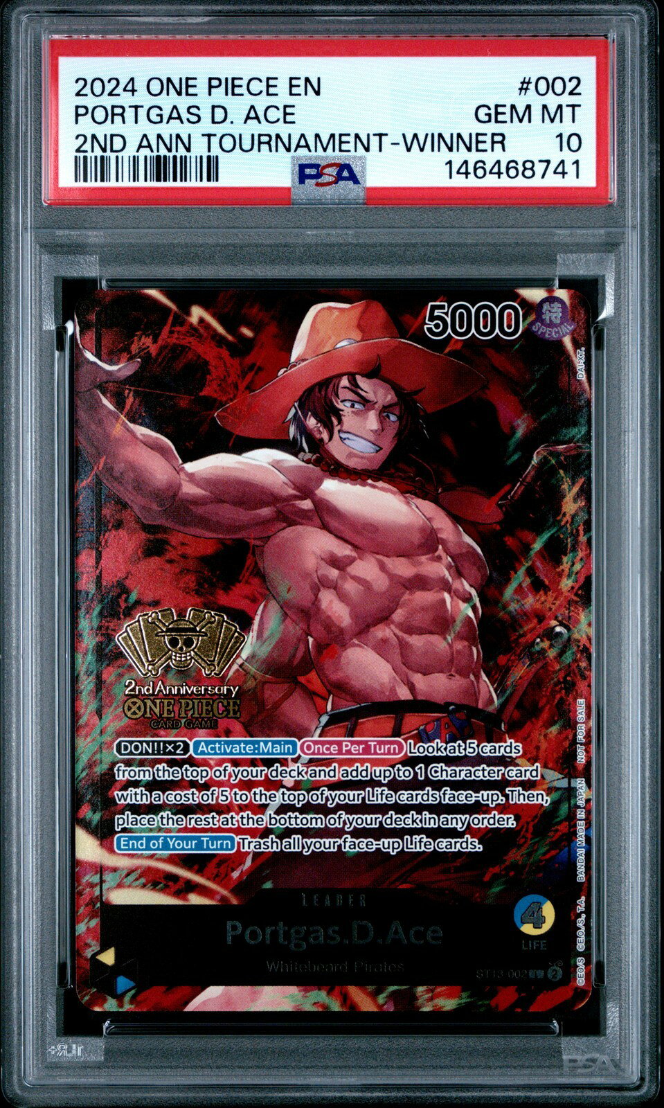 ワンピース英語版 2024 ONE PIECE PROMOS 2ND ANNIVERSARY TOURNAMENT-WINNER PORTGAS D. ACE PSA 10 鑑定済 