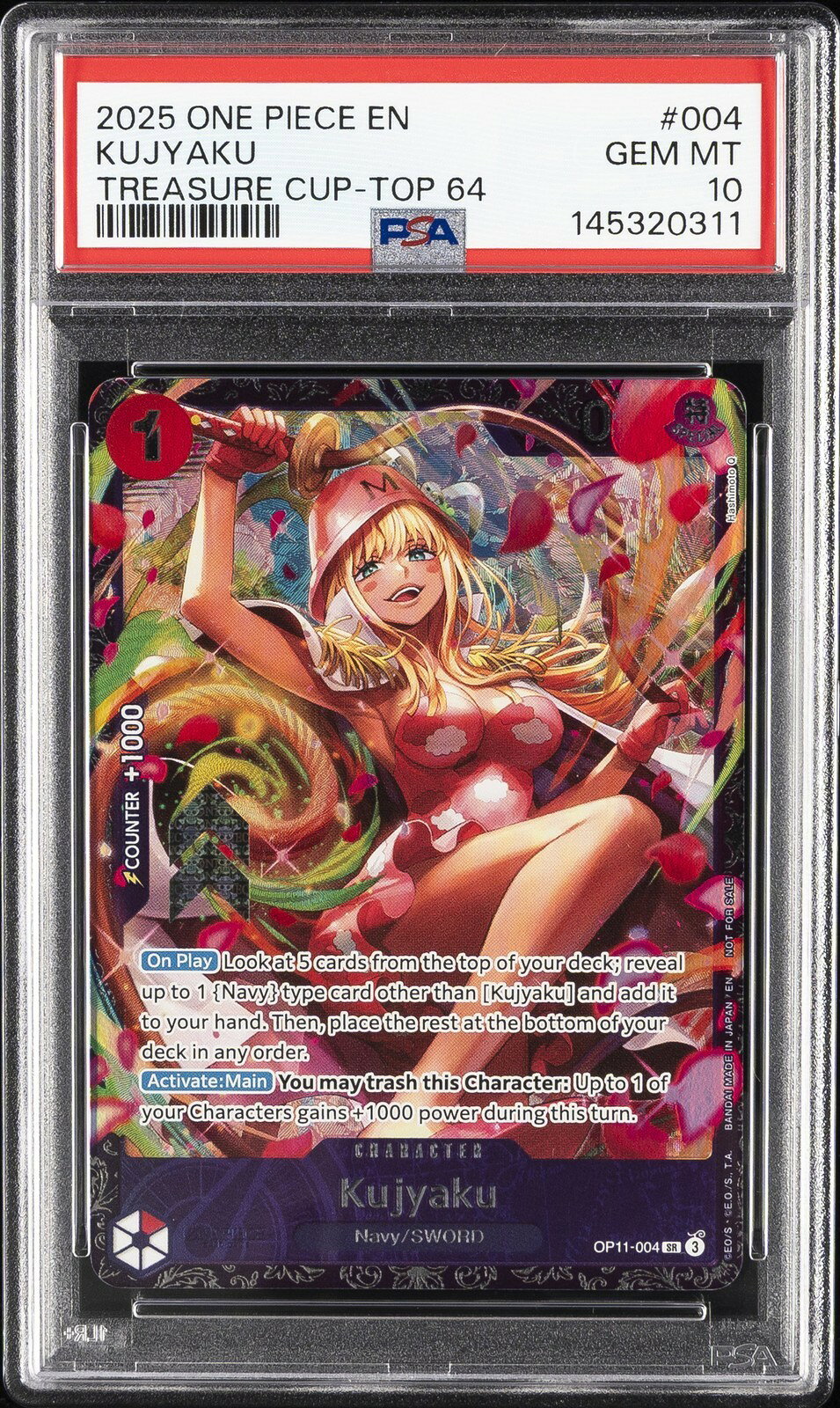 ワンピース英語版 2025 ONE PIECE PROMOS TREASURE CUP-TOP 64 KUJYAKU クジャク PROMO #004 PSA 10 鑑定済
