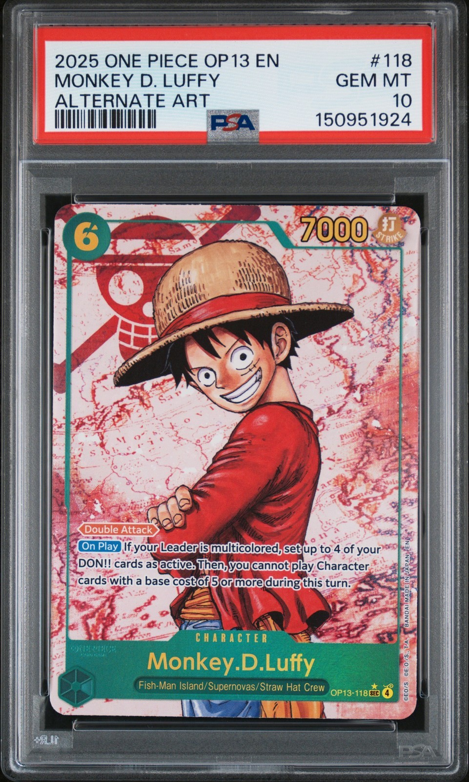 PRODUCT DETAILS 【商品情報】・鑑定機関:PSA・グレード:10・カード名（キャラクター）:MONKEY D. LUFFY・年式・シリーズ（セット名）:2025 ONE PIECE OP13-CARRYING ON HIS WILL・カード番号:なし・種別:ALTERNATE ART・シリアル:なし【コンディション】・第三者鑑定機関PSAにより鑑定・スラブ封入された現品です。・状態はPSAのグレード表記に準じます。・スラブは未開封のまま発送します。・鑑定番号はPSA公式サイトで照合可能です。【ご注意】・本商品は海外直輸入中古品です。・海外倉庫からのお取り寄せのため、発送までに数日〜2〜3週間程度かかる場合があります。・1点限りの商品です。ご注文後に万一入手できない場合はキャンセル・返金とさせていただきます。・鑑定済みスラブ品のため、返品・返金保証の対象外（現状品）となります。 ■ 商品について 海外輸入品（説明書は英語表記の場合あり） ■ ご注意 ・掲載画像は実物に近い色味になるよう調整しておりますが、ご利用の環境により差異が生じる場合があります。・複数店舗で在庫を共有しているため、ご注文後に在庫切れとなる場合がございます。 ■ 納期について お届けの目安を必ずご確認ください。 海外正規ルート仕入れ品 海外ブランド ▼ 海外正規ブランド店 正規代理店 ▼ 当 店 ※本商品は並行輸入品です 製造元は正規品と同一のブランド・メーカーです。当店では海外正規ルートより仕入れた商品を取り扱っております。流通ルートが異なるのみで、商品自体に違いはございません。 ── 当店の商品について ── 正規品のみ取り扱い 海外正規店・正規代理店から商品を直接仕入れ、国内に輸入して販売しております。 日本未入荷・海外限定モデルも多数 日本未入荷・海外限定モデルも多数取り扱っております。サイズ・カラー違いや海外限定で販売された製品など、日本では手に入りにくいアイテムをお届けいたします。 お求めやすい価格の理由 海外市場での価格差や流通ルートの違いにより、国内販売価格よりお求めやすくなっております。品質はそのままに、よりお手頃な価格でお届けいたします。 安心保証 ご使用前に万が一、製品に不具合がございました場合は、交換または商品代金のご返金にて対応させていただきます。商品到着後5日以内にご連絡ください。 ご注意 海外からの輸入品となります。海外輸送のため、外箱に軽微なスレ等がある場合がございますが、商品本体には影響ございません。 ※在庫状況は仕入先の在庫情報をもとに出来る限り正確に表示しておりますが、取寄せ商品のため、タイミングによりご注文後に欠品・キャンセルとなる場合がございます。 お探しの商品がございましたら、お気軽にご相談ください。