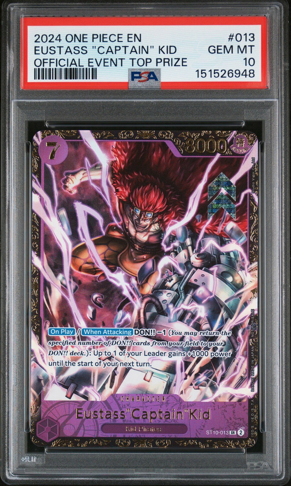 ワンピース英語版 2024 PROMOS OFFICIAL EVENT TOP PRIZE EUSTASS "CAPTAIN" KID プロモ #013 PSA 10 鑑定済
