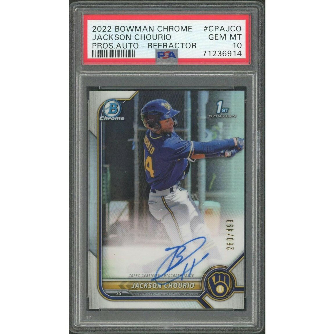MLB 2022 Bowman Chrome ジャクソン・チョーリオ 1st Auto Refractor /499 PSA 10 鑑定済