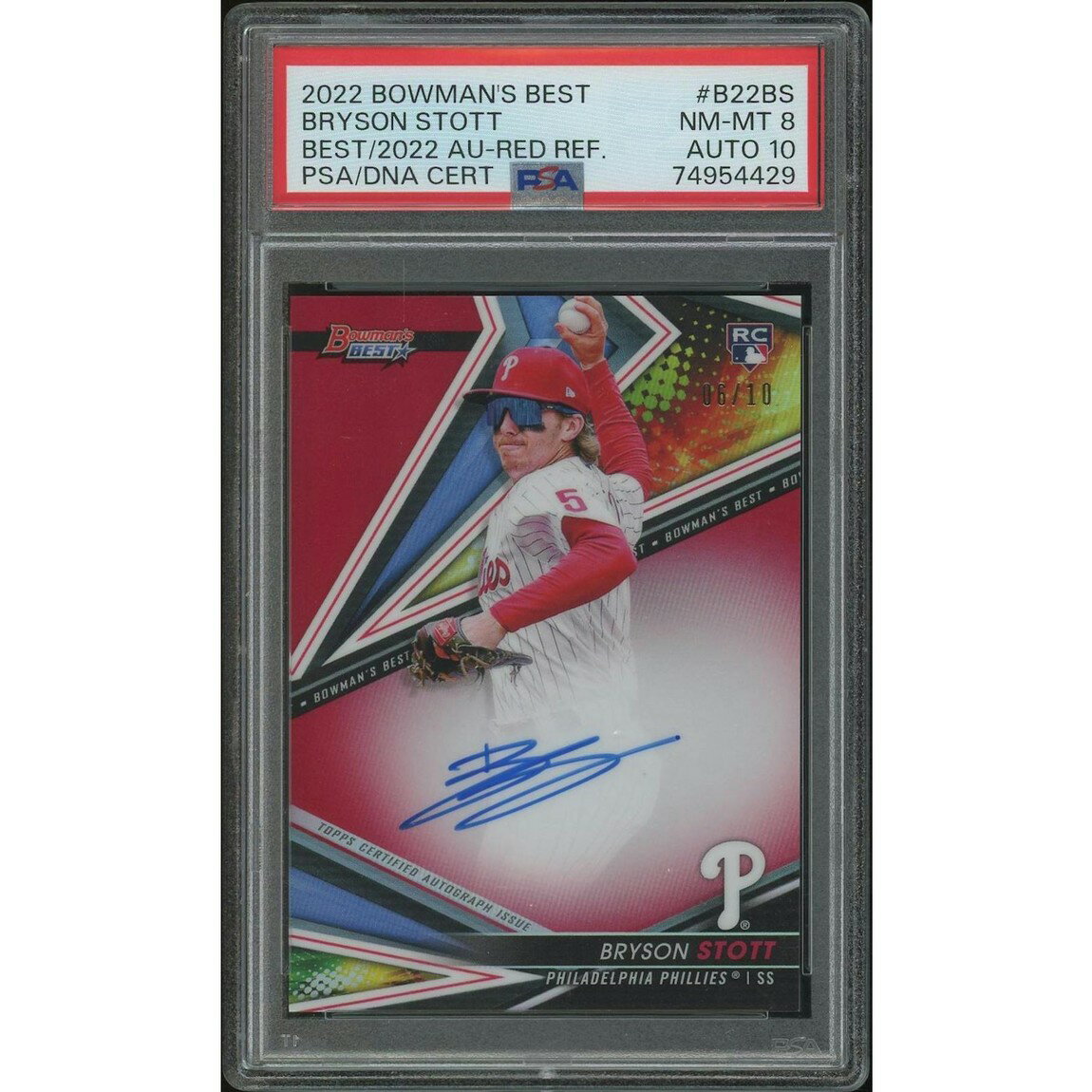 MLB 2022 Bowman's Best ブライソン・ストット Red Refractor Rookie Auto #B22BS 06/10 PSA 8 Auto 10 鑑定済