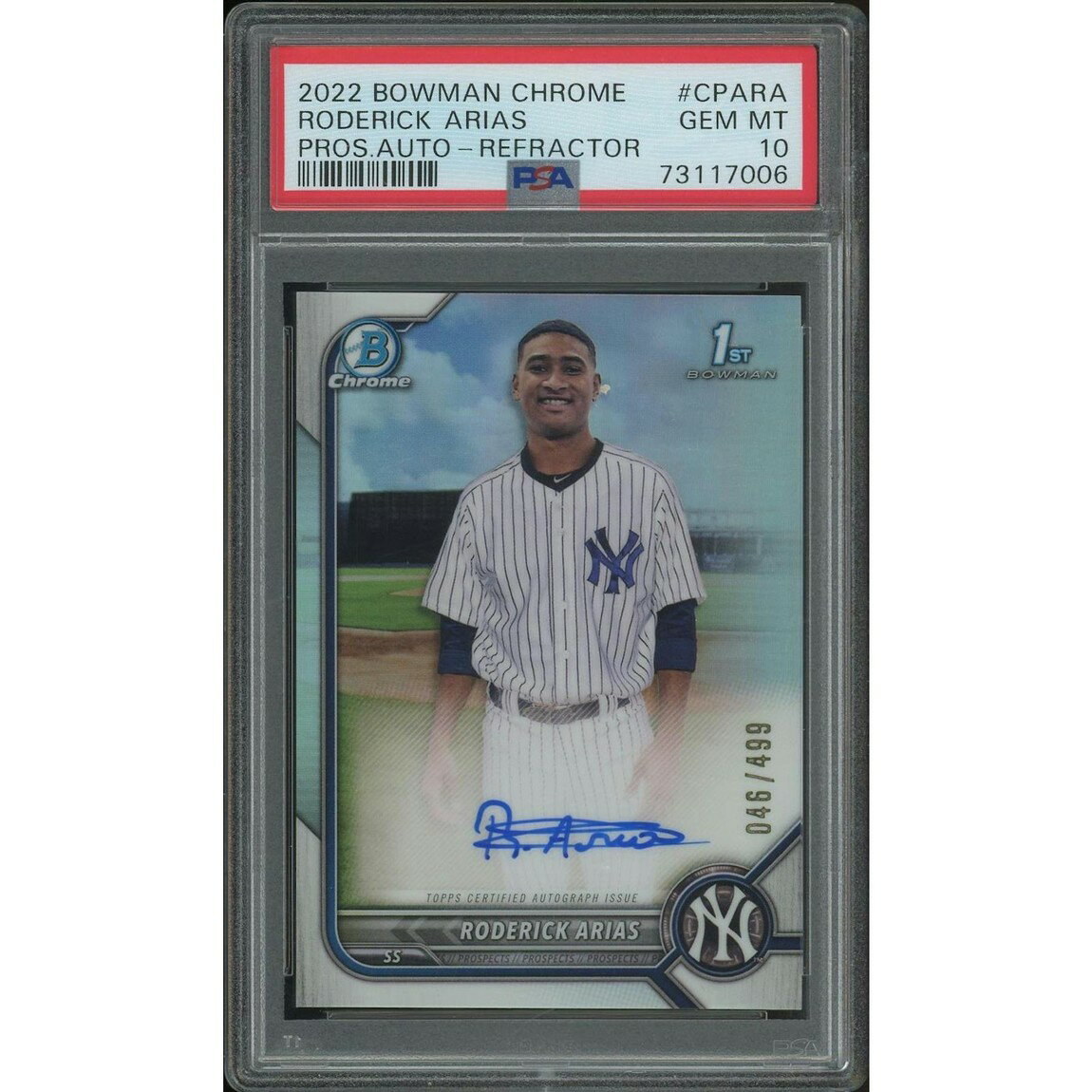 MLB 2022 Bowman Chrome ロデリック・アリアス Prospect Rookie Refractor Auto #CPARA #046/499 PSA10 鑑定済