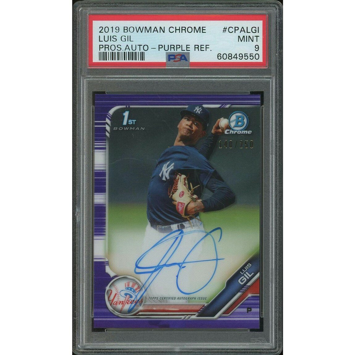 MLB 2019 Bowman Chrome ルイス・ヒル Purple Refractor Rookie Auto #CPALGI #140/250 PSA 9 鑑定済