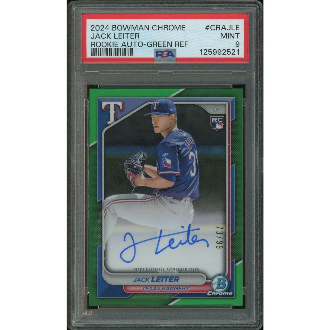 MLB 2024 Bowman Chrome ジャック・ライター Green Refractor Rookie Auto #73/99 #CRAJLE PSA 9 鑑定済