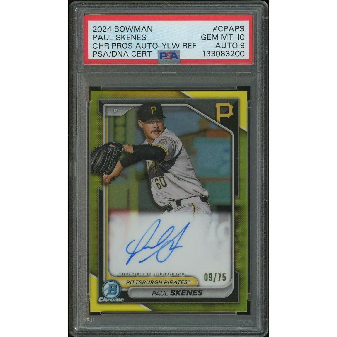 MLB 2024 Bowman Chrome ポール・スキーンズ Yellow Refractor Auto #09/75 #CPAPS PSA10 Auto9 鑑定済