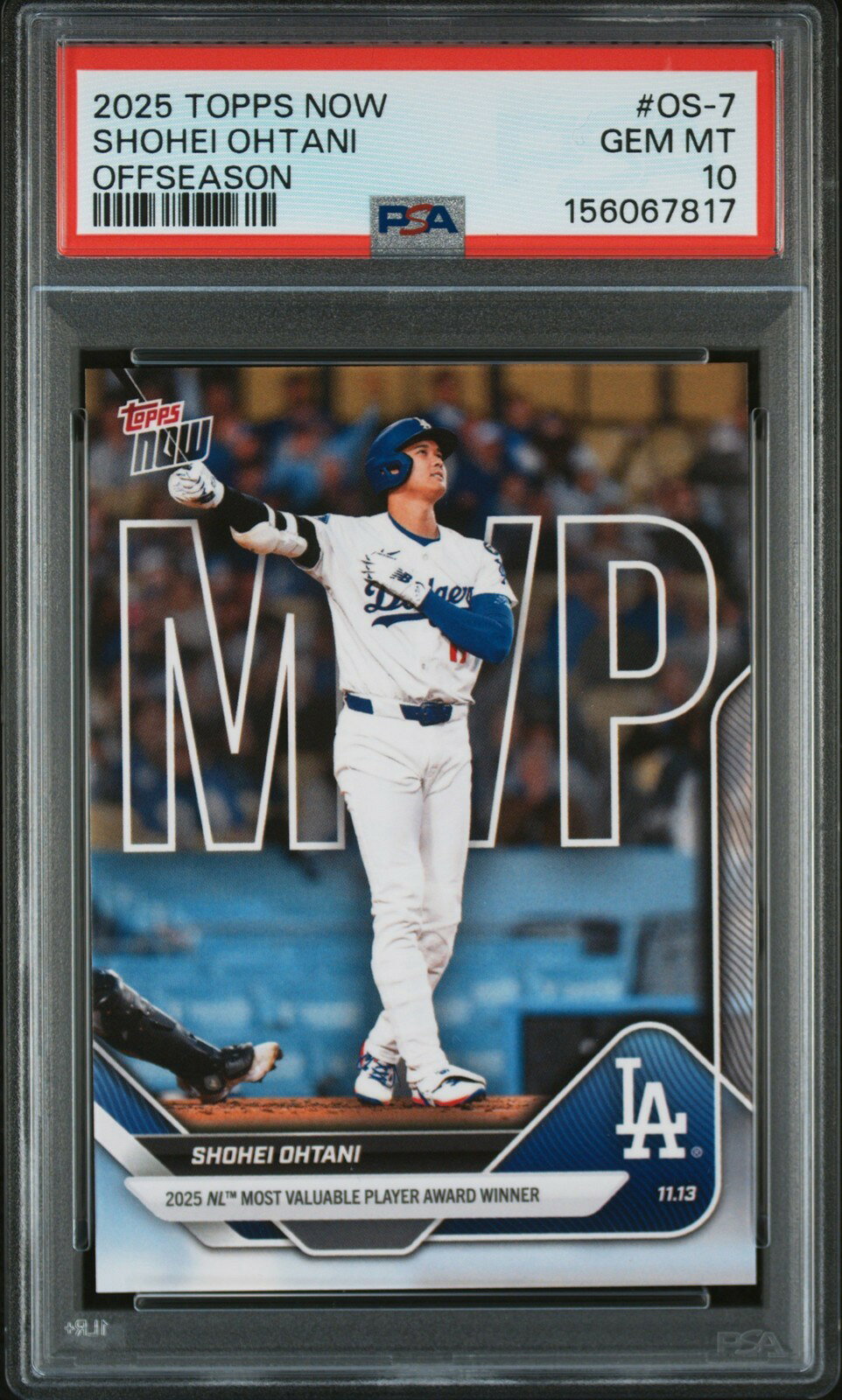 PRODUCT DETAILS MLB 2025 TOPPS NOW OFFSEASON 大谷翔平 #OS-7 PSA10 鑑定済【中古】【商品情報】・鑑定機関：PSA・グレード：10・選手：大谷翔平 選手・年式・シリーズ：2025 TOPPS NOW OFFSEASON・カード番号：#OS-7・種別：-【コンディション】・第三者鑑定機関PSAにより鑑定・スラブ封入された現品です。・状態はPSAのグレード表記に準じます。・スラブは未開封のまま発送します。・鑑定番号はPSA公式サイトで照合可能です。【ご注意】・本商品は海外直輸入中古品です。・海外倉庫からのお取り寄せのため、発送までに数日〜2〜3週間程度かかる場合があります。・1点限りの商品です。ご注文後に万一入手できない場合はキャンセル・返金とさせていただきます。・鑑定済みスラブ品のため、返品・返金保証の対象外（現状品）となります。 ■ 商品について 海外輸入品（説明書は英語表記の場合あり） ■ ご注意 ・掲載画像は実物に近い色味になるよう調整しておりますが、ご利用の環境により差異が生じる場合があります。・複数店舗で在庫を共有しているため、ご注文後に在庫切れとなる場合がございます。 ■ 納期について お届けの目安を必ずご確認ください。 海外正規ルート仕入れ品 海外ブランド ▼ 海外正規ブランド店 正規代理店 ▼ 当 店 ※本商品は並行輸入品です 製造元は正規品と同一のブランド・メーカーです。当店では海外正規ルートより仕入れた商品を取り扱っております。流通ルートが異なるのみで、商品自体に違いはございません。 ── 当店の商品について ── 正規品のみ取り扱い 海外正規店・正規代理店から商品を直接仕入れ、国内に輸入して販売しております。 日本未入荷・海外限定モデルも多数 日本未入荷・海外限定モデルも多数取り扱っております。サイズ・カラー違いや海外限定で販売された製品など、日本では手に入りにくいアイテムをお届けいたします。 お求めやすい価格の理由 海外市場での価格差や流通ルートの違いにより、国内販売価格よりお求めやすくなっております。品質はそのままに、よりお手頃な価格でお届けいたします。 安心保証 ご使用前に万が一、製品に不具合がございました場合は、交換または商品代金のご返金にて対応させていただきます。商品到着後5日以内にご連絡ください。 ご注意 海外からの輸入品となります。海外輸送のため、外箱に軽微なスレ等がある場合がございますが、商品本体には影響ございません。 ※在庫状況は仕入先の在庫情報をもとに出来る限り正確に表示しておりますが、取寄せ商品のため、タイミングによりご注文後に欠品・キャンセルとなる場合がございます。 お探しの商品がございましたら、お気軽にご相談ください。