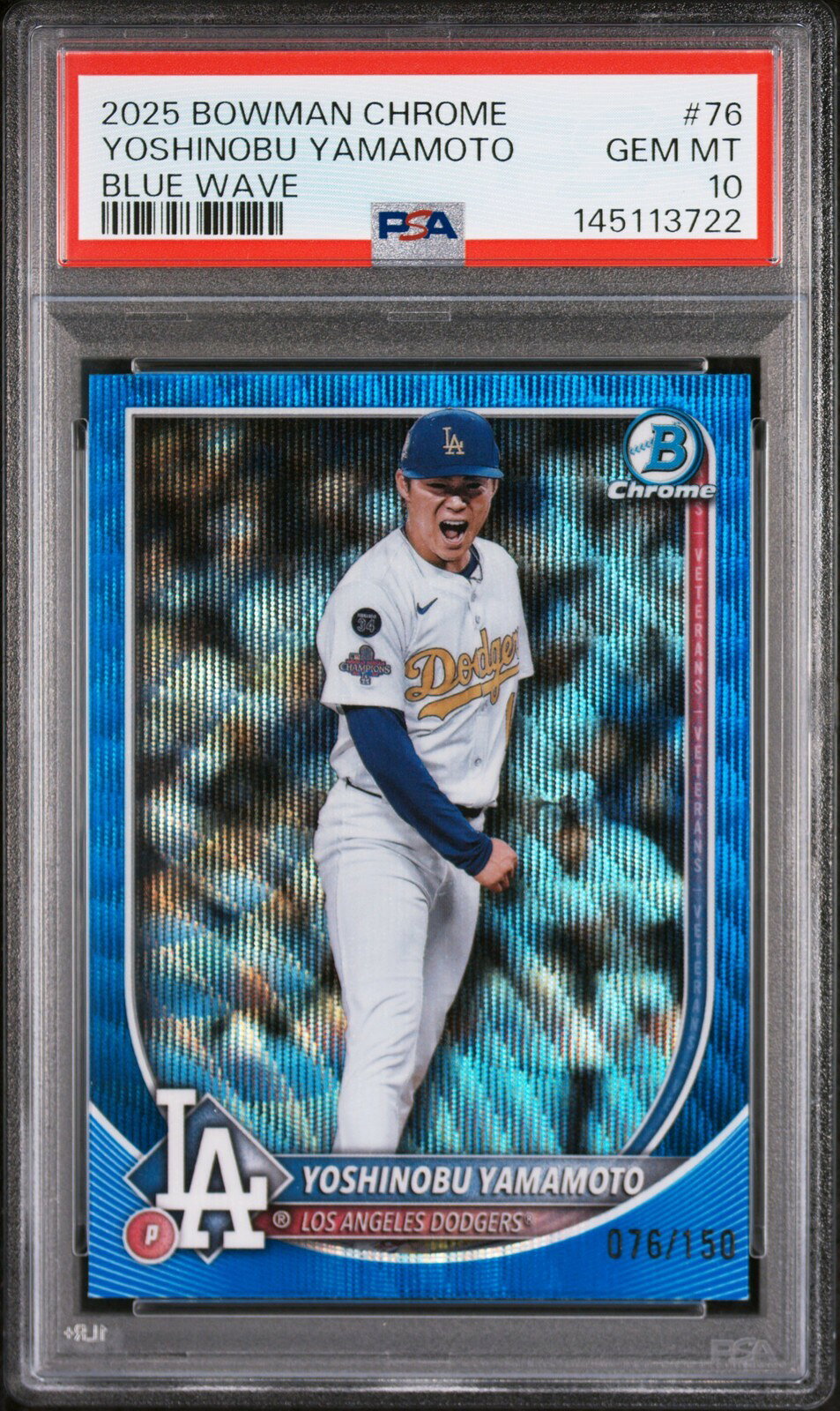PRODUCT DETAILS MLB 2025 BOWMAN CHROME 山本由伸 BLUE WAVE #76 76/150 PSA 10 鑑定済【中古】【商品情報】・鑑定機関：PSA・グレード：10・選手：山本由伸 選手・年式・シリーズ：2025 BOWMAN CHROME・カード番号：76・種別：BLUE WAVE パラレル・シリアル：76/150【コンディション】・第三者鑑定機関PSAにより鑑定・スラブ封入された現品です。・状態はPSAのグレード表記に準じます。・スラブは未開封のまま発送します。・鑑定番号はPSA公式サイトで照合可能です。【ご注意】・本商品は海外直輸入中古品です。・海外倉庫からのお取り寄せのため、発送までに数日〜2〜3週間程度かかる場合があります。・1点限りの商品です。ご注文後に万一入手できない場合はキャンセル・返金とさせていただきます。・鑑定済みスラブ品のため、返品・返金保証の対象外（現状品）となります。 ■ 商品について 海外輸入品（説明書は英語表記の場合あり） ■ ご注意 ・掲載画像は実物に近い色味になるよう調整しておりますが、ご利用の環境により差異が生じる場合があります。・複数店舗で在庫を共有しているため、ご注文後に在庫切れとなる場合がございます。 ■ 納期について お届けの目安を必ずご確認ください。 海外正規ルート仕入れ品 海外ブランド ▼ 海外正規ブランド店 正規代理店 ▼ 当 店 ※本商品は並行輸入品です 製造元は正規品と同一のブランド・メーカーです。当店では海外正規ルートより仕入れた商品を取り扱っております。流通ルートが異なるのみで、商品自体に違いはございません。 ── 当店の商品について ── 正規品のみ取り扱い 海外正規店・正規代理店から商品を直接仕入れ、国内に輸入して販売しております。 日本未入荷・海外限定モデルも多数 日本未入荷・海外限定モデルも多数取り扱っております。サイズ・カラー違いや海外限定で販売された製品など、日本では手に入りにくいアイテムをお届けいたします。 お求めやすい価格の理由 海外市場での価格差や流通ルートの違いにより、国内販売価格よりお求めやすくなっております。品質はそのままに、よりお手頃な価格でお届けいたします。 安心保証 ご使用前に万が一、製品に不具合がございました場合は、交換または商品代金のご返金にて対応させていただきます。商品到着後5日以内にご連絡ください。 ご注意 海外からの輸入品となります。海外輸送のため、外箱に軽微なスレ等がある場合がございますが、商品本体には影響ございません。 ※在庫状況は仕入先の在庫情報をもとに出来る限り正確に表示しておりますが、取寄せ商品のため、タイミングによりご注文後に欠品・キャンセルとなる場合がございます。 お探しの商品がございましたら、お気軽にご相談ください。