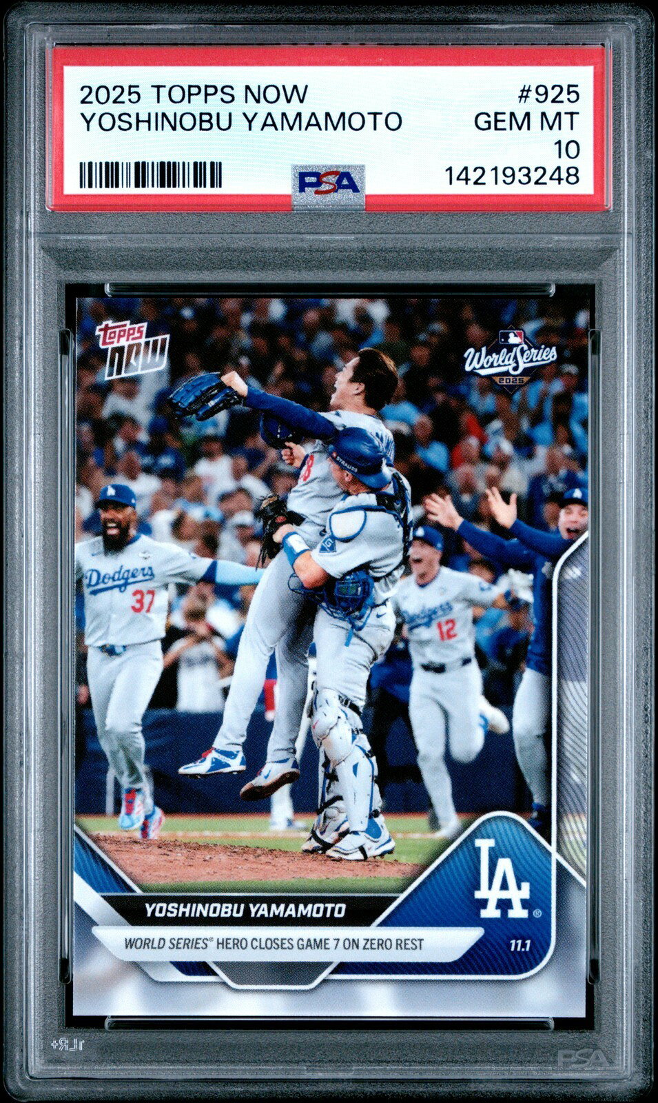 PRODUCT DETAILS MLB 2025 TOPPS NOW 山本由伸 #925 PSA10 鑑定済【中古】【商品情報】・鑑定機関：PSA・グレード：10・選手：山本由伸 選手・年式・シリーズ：2025 TOPPS NOW・カード番号：#925・種別：-・シリアル：-【コンディション】・第三者鑑定機関PSAにより鑑定・スラブ封入された現品です。・状態はPSAのグレード表記に準じます。・スラブは未開封のまま発送します。・鑑定番号はPSA公式サイトで照合可能です。【ご注意】・本商品は海外直輸入中古品です。・海外倉庫からのお取り寄せのため、発送までに数日〜2〜3週間程度かかる場合があります。・1点限りの商品です。ご注文後に万一入手できない場合はキャンセル・返金とさせていただきます。・鑑定済みスラブ品のため、返品・返金保証の対象外（現状品）となります。 ■ 商品について 海外輸入品（説明書は英語表記の場合あり） ■ ご注意 ・掲載画像は実物に近い色味になるよう調整しておりますが、ご利用の環境により差異が生じる場合があります。・複数店舗で在庫を共有しているため、ご注文後に在庫切れとなる場合がございます。 ■ 納期について お届けの目安を必ずご確認ください。 海外正規ルート仕入れ品 海外ブランド ▼ 海外正規ブランド店 正規代理店 ▼ 当 店 ※本商品は並行輸入品です 製造元は正規品と同一のブランド・メーカーです。当店では海外正規ルートより仕入れた商品を取り扱っております。流通ルートが異なるのみで、商品自体に違いはございません。 ── 当店の商品について ── 正規品のみ取り扱い 海外正規店・正規代理店から商品を直接仕入れ、国内に輸入して販売しております。 日本未入荷・海外限定モデルも多数 日本未入荷・海外限定モデルも多数取り扱っております。サイズ・カラー違いや海外限定で販売された製品など、日本では手に入りにくいアイテムをお届けいたします。 お求めやすい価格の理由 海外市場での価格差や流通ルートの違いにより、国内販売価格よりお求めやすくなっております。品質はそのままに、よりお手頃な価格でお届けいたします。 安心保証 ご使用前に万が一、製品に不具合がございました場合は、交換または商品代金のご返金にて対応させていただきます。商品到着後5日以内にご連絡ください。 ご注意 海外からの輸入品となります。海外輸送のため、外箱に軽微なスレ等がある場合がございますが、商品本体には影響ございません。 ※在庫状況は仕入先の在庫情報をもとに出来る限り正確に表示しておりますが、取寄せ商品のため、タイミングによりご注文後に欠品・キャンセルとなる場合がございます。 お探しの商品がございましたら、お気軽にご相談ください。