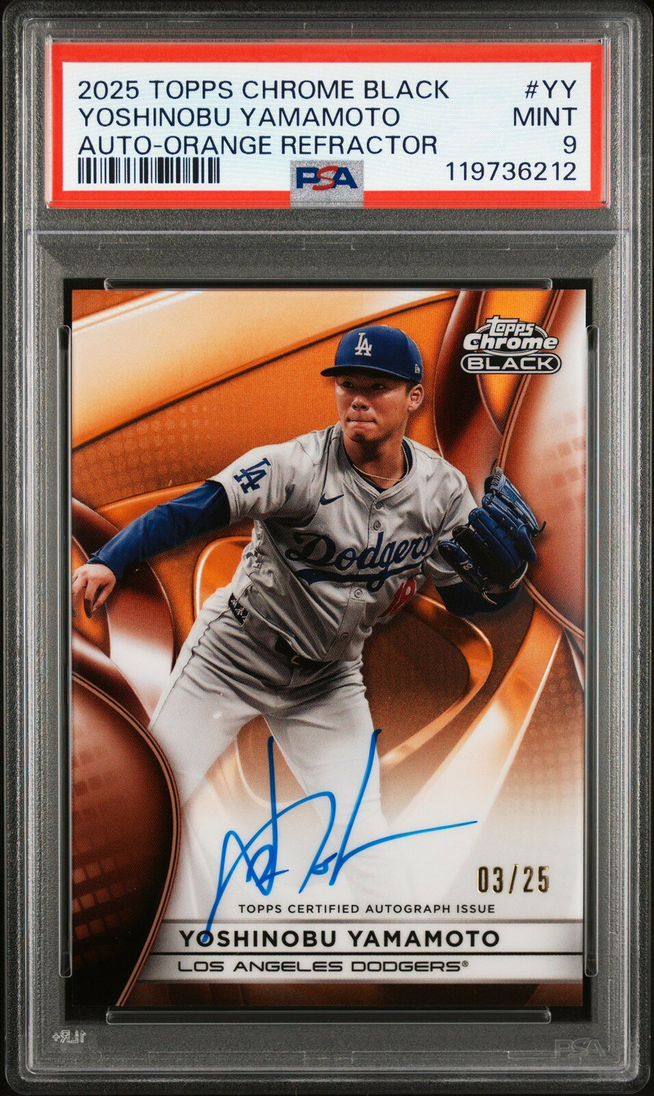 MLB 2025 TOPPS CHROME BLACK 山本由伸 AUTOS ORANGE REFRACTOR #YY 3/25 PSA 9 鑑定済
