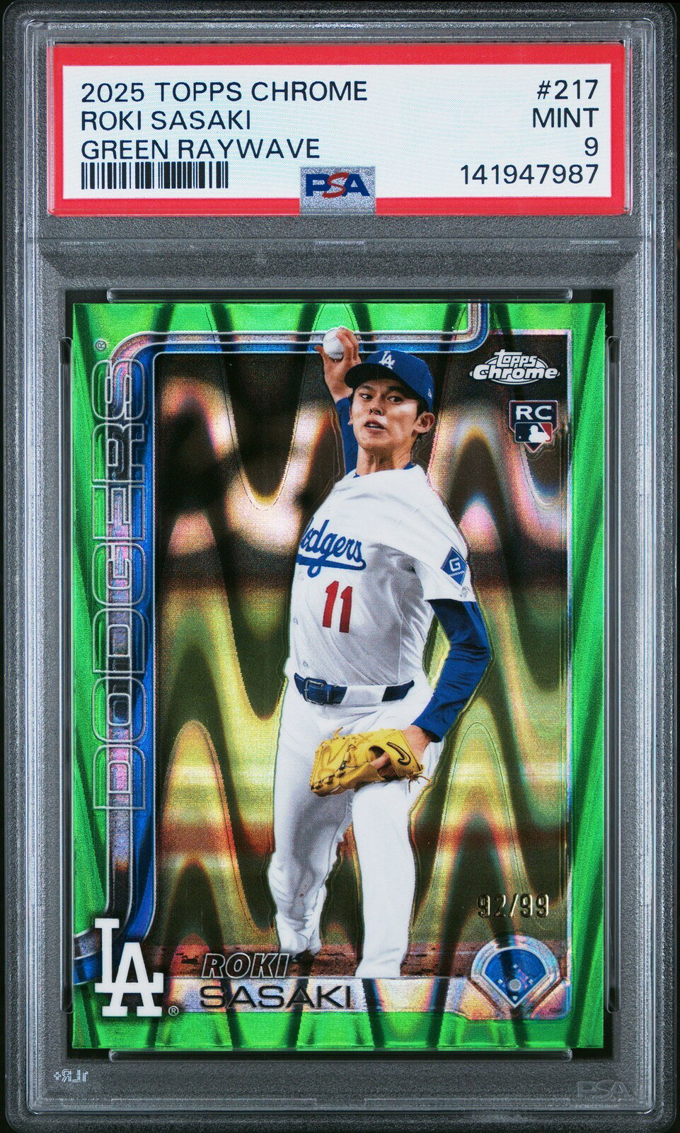 MLB 2025 TOPPS CHROME 佐々木朗希 GREEN RAYWAVE #217 92/99 PSA 9 鑑定済