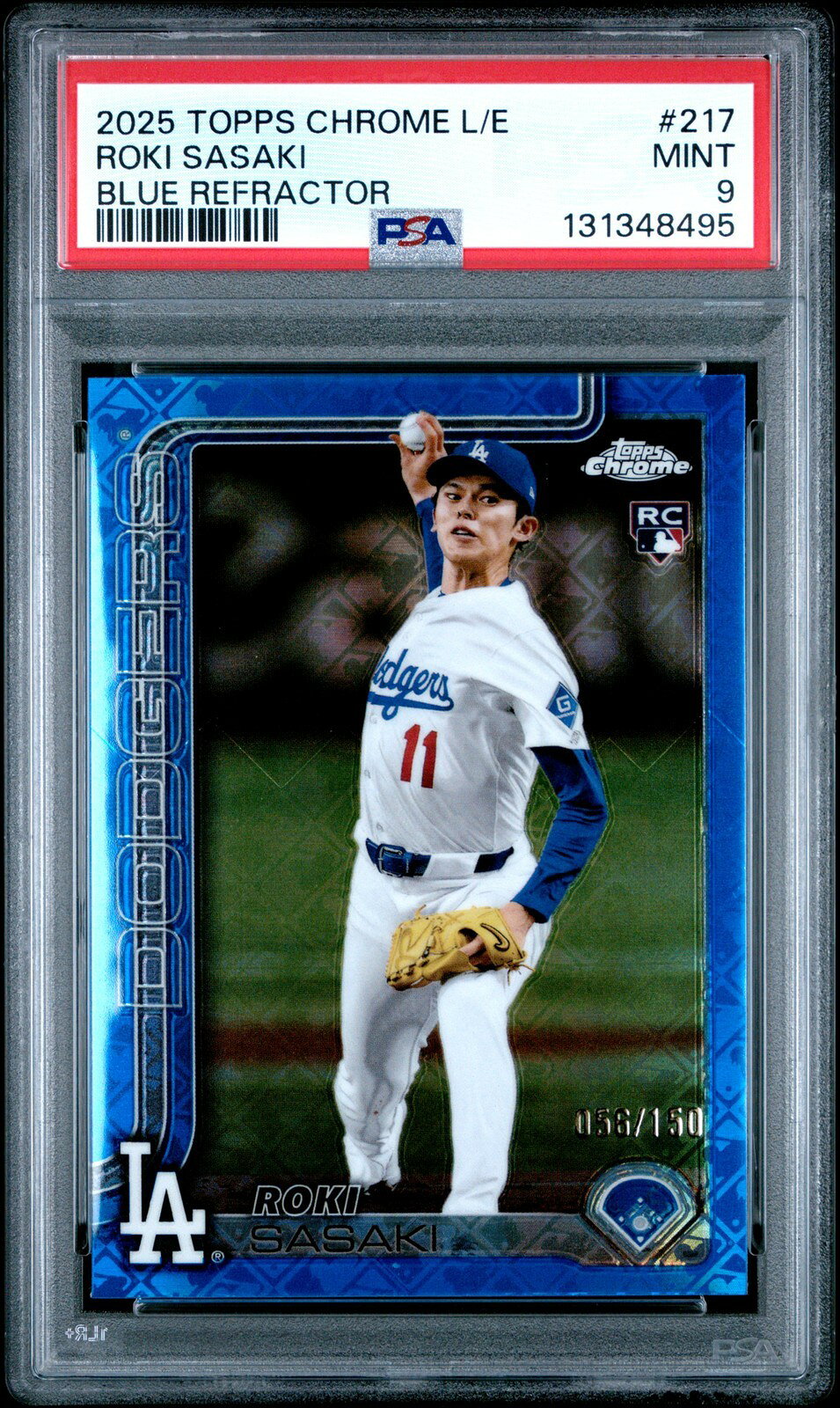 MLB 2025 Topps Chrome Logofractor 佐々木朗希 Blue Refractor #217 56/150 PSA 9 鑑定済