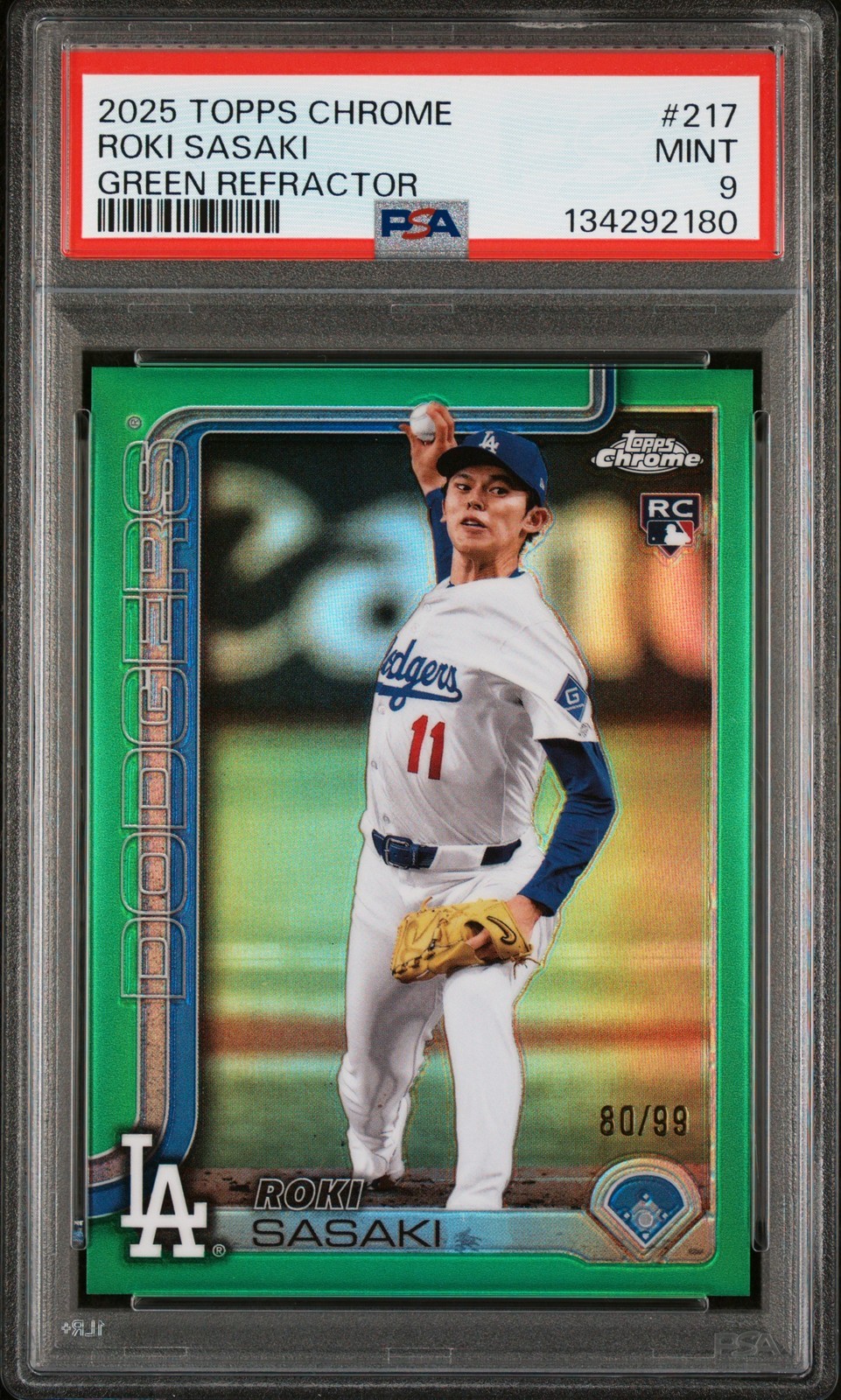 MLB 2025 Topps Chrome 佐々木朗希 Green Refractor #217 80/99 PSA9 鑑定済