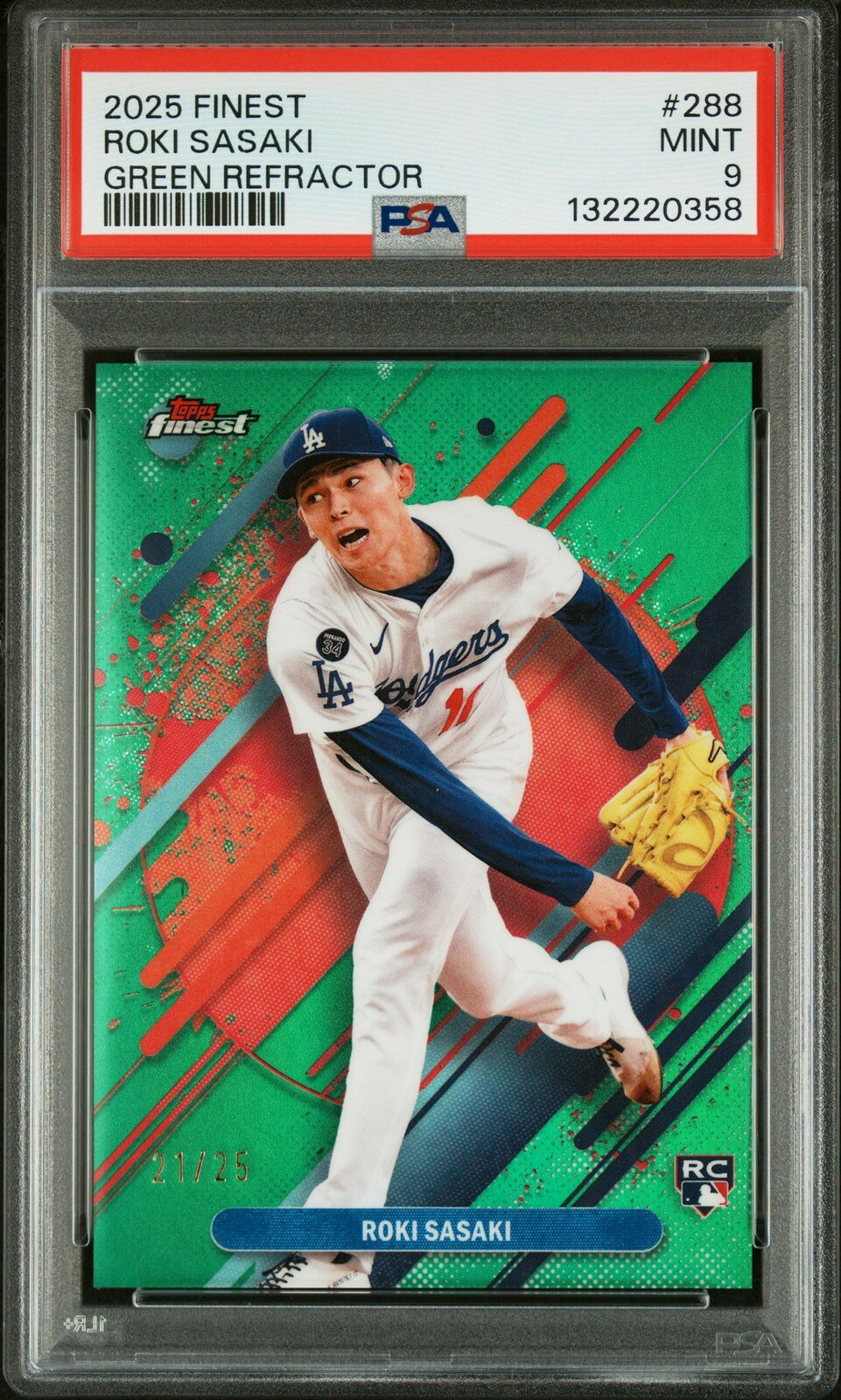 MLB 2025 TOPPS FINEST 佐々木朗希 GREEN REFRACTOR #288 21/25 PSA 9 鑑定済
