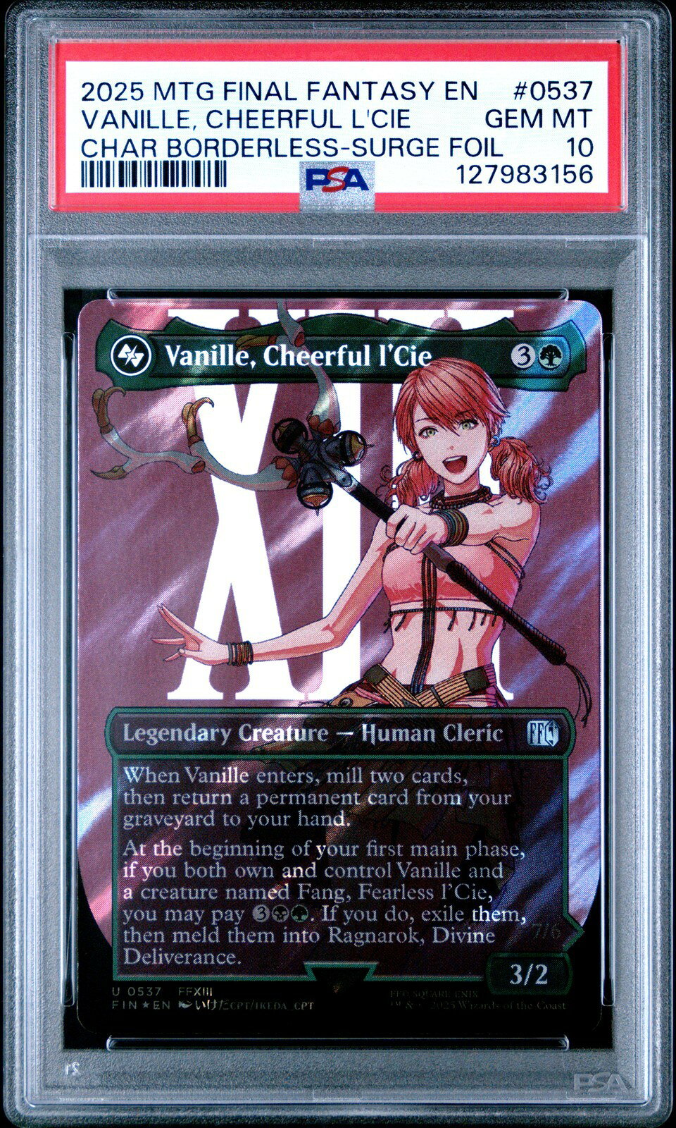 MTG英語版 2025 MTG FF VANILLE, CHEERFUL L'CIE CHARACTER BORDERLESS-SURGE FOIL #0537 PSA10 鑑定済