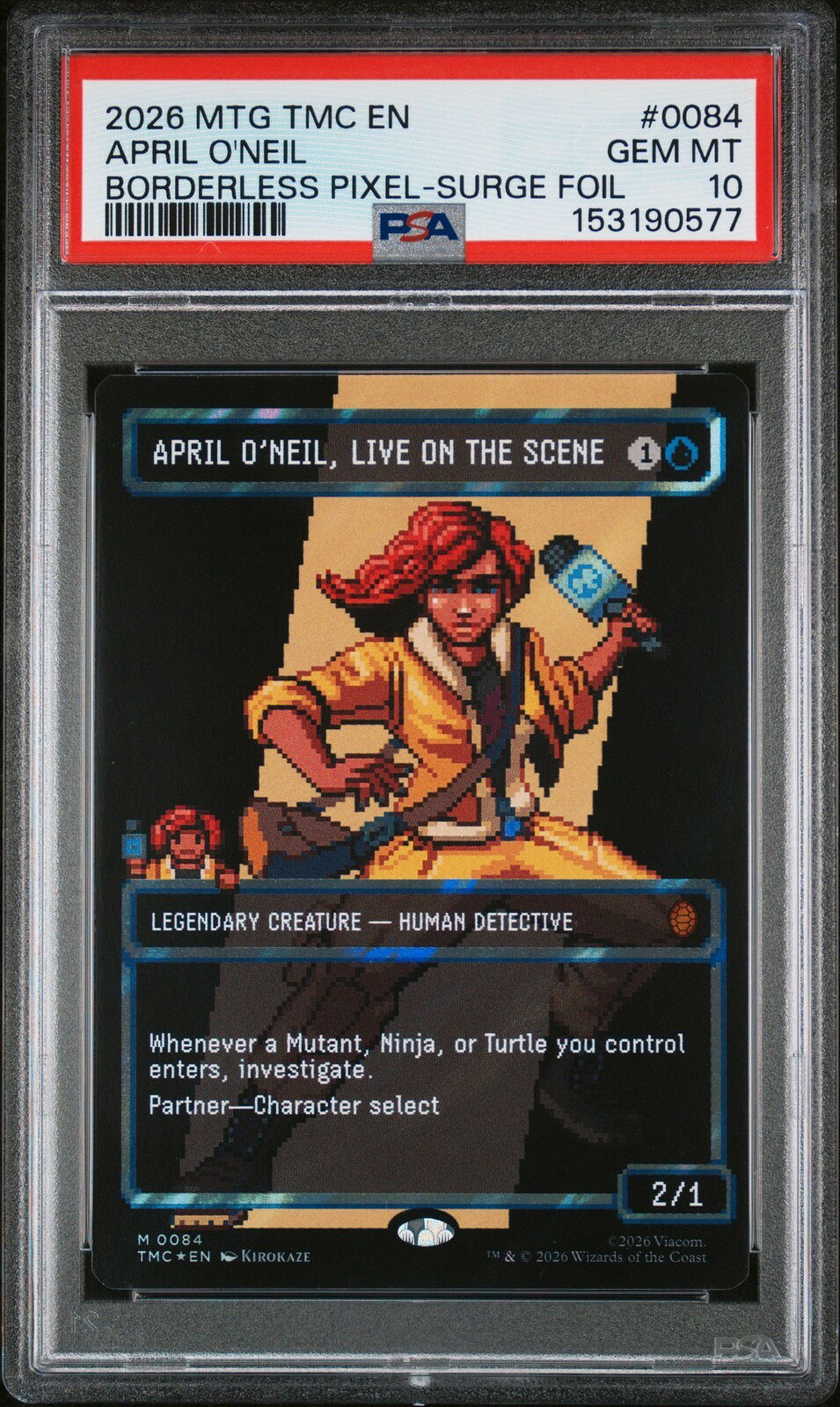MTG英語版 2026 PIXEL BORDERLESS APRIL O'NEIL, LIVE ON THE SCENE SURGE FOIL #0084 PSA 10 鑑定済