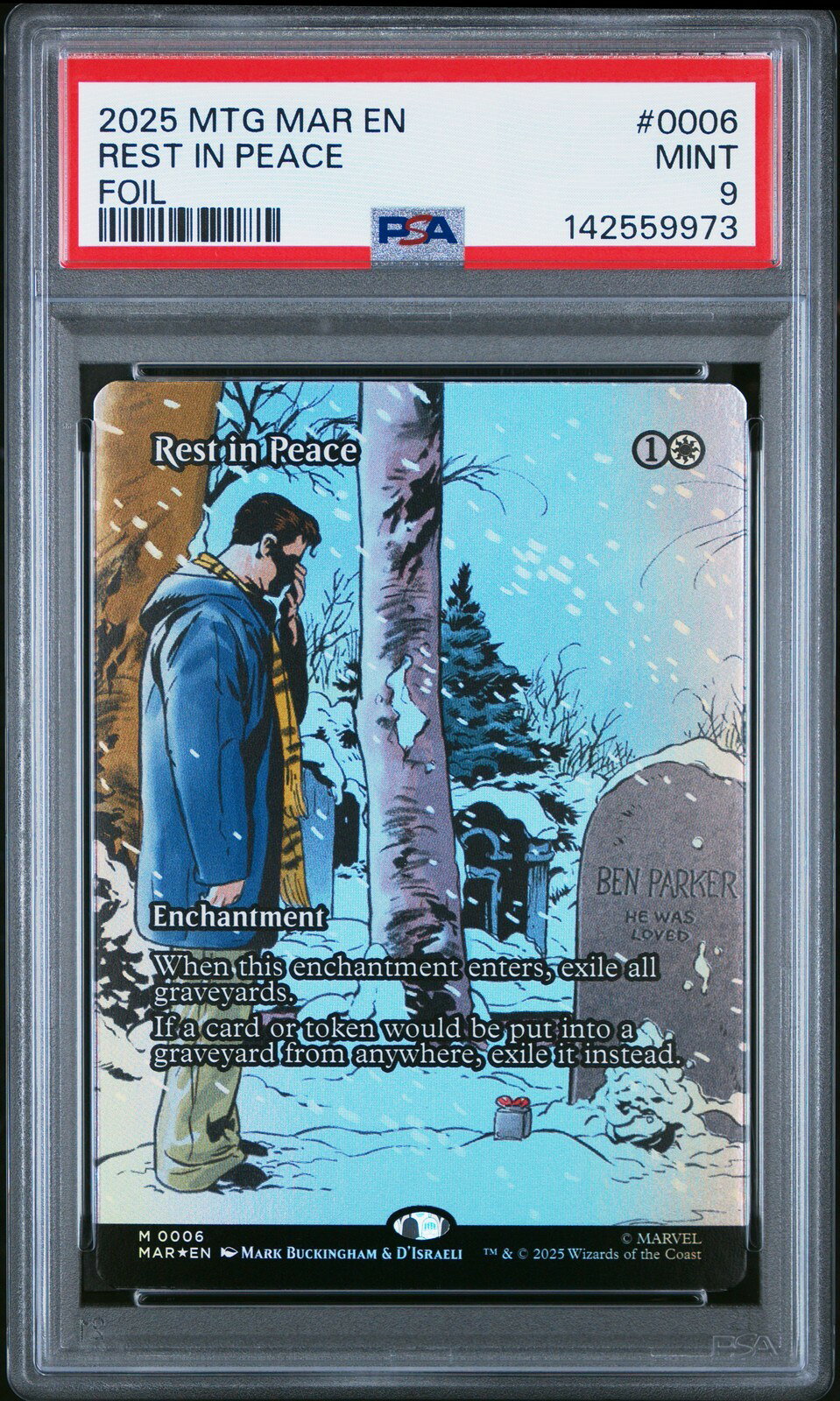 PRODUCT DETAILS 【商品情報】・鑑定機関: PSA・グレード: 9・カード名（キャラクター）: REST IN PEACE・年式・シリーズ（セット名）: 2025 MARVEL'S SPIDER-MAN・カード番号: #0006・種別: FOIL・シリアル: なし【コンディション】・第三者鑑定機関PSAにより鑑定・スラブ封入された現品です。・状態はPSAのグレード表記に準じます。・スラブは未開封のまま発送します。・鑑定番号はPSA公式サイトで照合可能です。【ご注意】・本商品は海外直輸入中古品です。・海外倉庫からのお取り寄せのため、発送までに数日〜2〜3週間程度かかる場合があります。・1点限りの商品です。ご注文後に万一入手できない場合はキャンセル・返金とさせていただきます。・鑑定済みスラブ品のため、返品・返金保証の対象外（現状品）となります。 ■ 商品について 海外輸入品（説明書は英語表記の場合あり） ■ ご注意 ・掲載画像は実物に近い色味になるよう調整しておりますが、ご利用の環境により差異が生じる場合があります。・複数店舗で在庫を共有しているため、ご注文後に在庫切れとなる場合がございます。 ■ 納期について お届けの目安を必ずご確認ください。 海外正規ルート仕入れ品 海外ブランド ▼ 海外正規ブランド店 正規代理店 ▼ 当 店 ※本商品は並行輸入品です 製造元は正規品と同一のブランド・メーカーです。当店では海外正規ルートより仕入れた商品を取り扱っております。流通ルートが異なるのみで、商品自体に違いはございません。 ── 当店の商品について ── 正規品のみ取り扱い 海外正規店・正規代理店から商品を直接仕入れ、国内に輸入して販売しております。 日本未入荷・海外限定モデルも多数 日本未入荷・海外限定モデルも多数取り扱っております。サイズ・カラー違いや海外限定で販売された製品など、日本では手に入りにくいアイテムをお届けいたします。 お求めやすい価格の理由 海外市場での価格差や流通ルートの違いにより、国内販売価格よりお求めやすくなっております。品質はそのままに、よりお手頃な価格でお届けいたします。 安心保証 ご使用前に万が一、製品に不具合がございました場合は、交換または商品代金のご返金にて対応させていただきます。商品到着後5日以内にご連絡ください。 ご注意 海外からの輸入品となります。海外輸送のため、外箱に軽微なスレ等がある場合がございますが、商品本体には影響ございません。 ※在庫状況は仕入先の在庫情報をもとに出来る限り正確に表示しておりますが、取寄せ商品のため、タイミングによりご注文後に欠品・キャンセルとなる場合がございます。 お探しの商品がございましたら、お気軽にご相談ください。