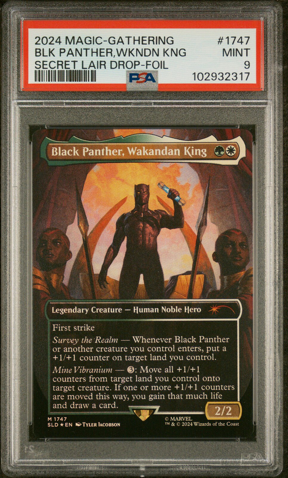 PRODUCT DETAILS 【商品情報】・鑑定機関:PSA・グレード:9・カード名（キャラクター）:Black Panther, Wakandan King・年式・シリーズ（セット名）:2024 Secret Lair Drop・カード番号:#1747・種別:Foil・シリアル:なし【コンディション】・第三者鑑定機関PSAにより鑑定・スラブ封入された現品です。・状態はPSAのグレード表記に準じます。・スラブは未開封のまま発送します。・鑑定番号はPSA公式サイトで照合可能です。【ご注意】・本商品は海外直輸入中古品です。・海外倉庫からのお取り寄せのため、発送までに数日〜2〜3週間程度かかる場合があります。・1点限りの商品です。ご注文後に万一入手できない場合はキャンセル・返金とさせていただきます。・鑑定済みスラブ品のため、返品・返金保証の対象外（現状品）となります。 ■ 商品について 海外輸入品（説明書は英語表記の場合あり） ■ ご注意 ・掲載画像は実物に近い色味になるよう調整しておりますが、ご利用の環境により差異が生じる場合があります。・複数店舗で在庫を共有しているため、ご注文後に在庫切れとなる場合がございます。 ■ 納期について お届けの目安を必ずご確認ください。 海外正規ルート仕入れ品 海外ブランド ▼ 海外正規ブランド店 正規代理店 ▼ 当 店 ※本商品は並行輸入品です 製造元は正規品と同一のブランド・メーカーです。当店では海外正規ルートより仕入れた商品を取り扱っております。流通ルートが異なるのみで、商品自体に違いはございません。 ── 当店の商品について ── 正規品のみ取り扱い 海外正規店・正規代理店から商品を直接仕入れ、国内に輸入して販売しております。 日本未入荷・海外限定モデルも多数 日本未入荷・海外限定モデルも多数取り扱っております。サイズ・カラー違いや海外限定で販売された製品など、日本では手に入りにくいアイテムをお届けいたします。 お求めやすい価格の理由 海外市場での価格差や流通ルートの違いにより、国内販売価格よりお求めやすくなっております。品質はそのままに、よりお手頃な価格でお届けいたします。 安心保証 ご使用前に万が一、製品に不具合がございました場合は、交換または商品代金のご返金にて対応させていただきます。商品到着後5日以内にご連絡ください。 ご注意 海外からの輸入品となります。海外輸送のため、外箱に軽微なスレ等がある場合がございますが、商品本体には影響ございません。 ※在庫状況は仕入先の在庫情報をもとに出来る限り正確に表示しておりますが、取寄せ商品のため、タイミングによりご注文後に欠品・キャンセルとなる場合がございます。 お探しの商品がございましたら、お気軽にご相談ください。