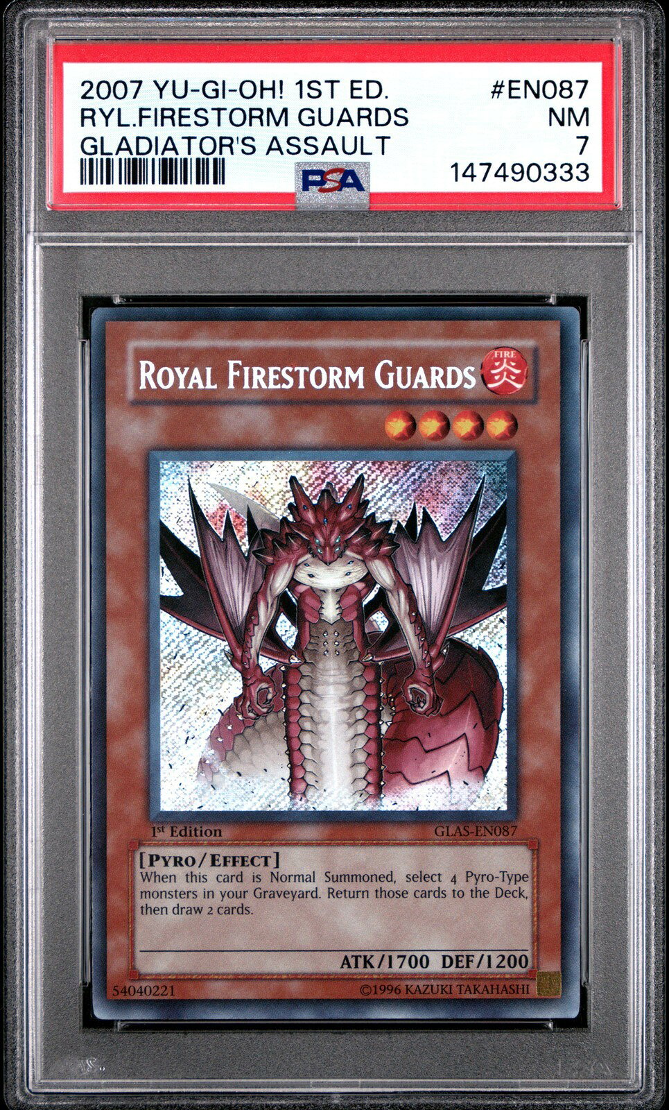 遊戯王英語版 2007 GLAS-GLADIATOR'S ASSAULT ロイヤル・ファイヤーストーム・ガード 1ST EDITION GLAS PSA7 鑑定済【中古】