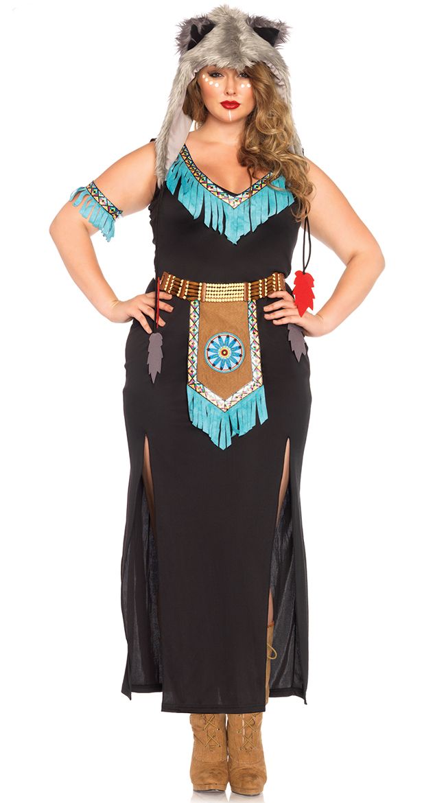 　ウルフウォーリアーコスチューム　ふっくらサイズ大人用は楽しいハロウィンパーティや舞台を盛り上げるセクシー＆個性的なコスチューム♪ セット内容: ターコイズフリンジ付ブラックドレス、アームピース、フリンジトリムのエプロン、ウルフのフード U...