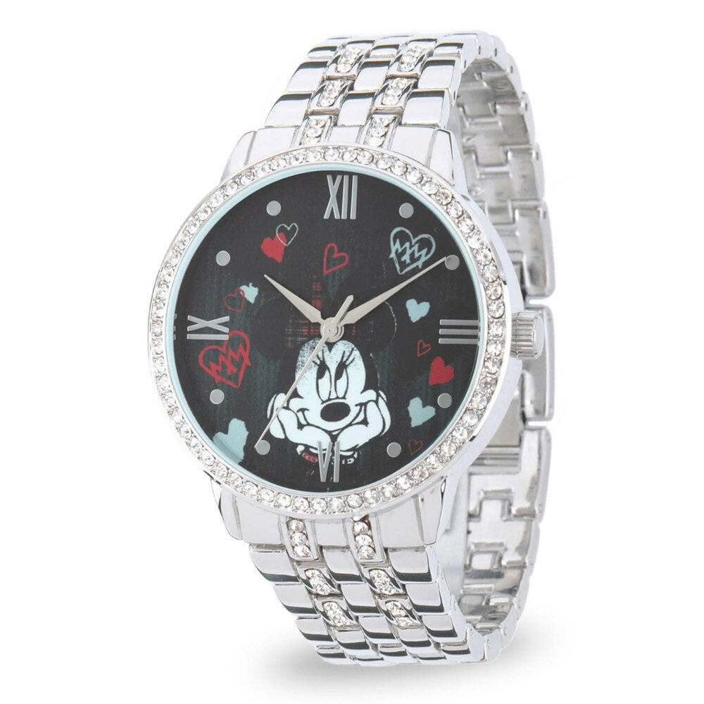 ディズニー ミニーマウス グリッツ 腕時計 レディース ステンレススチールストラップ ブラックダイアル