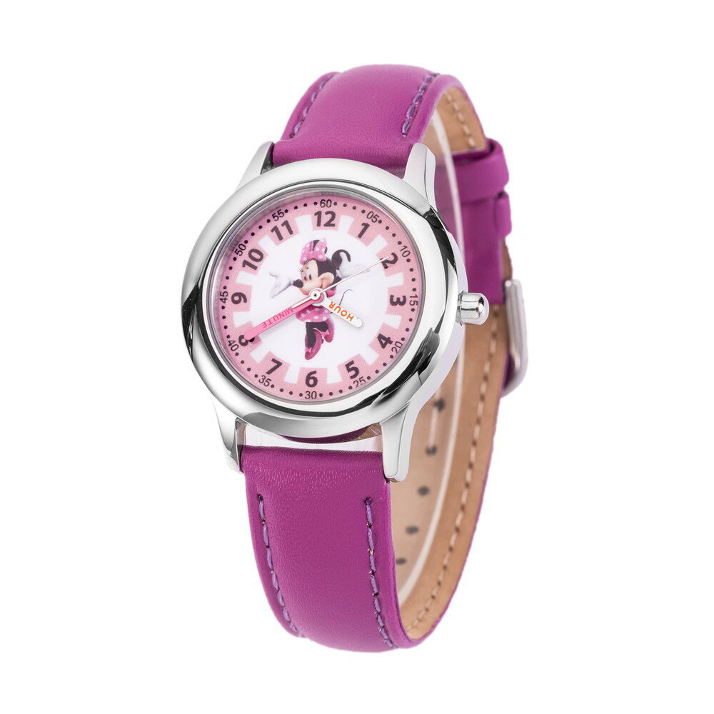 ディズニー ミニーマウス 腕時計 キッズ パープルレザーストラップ