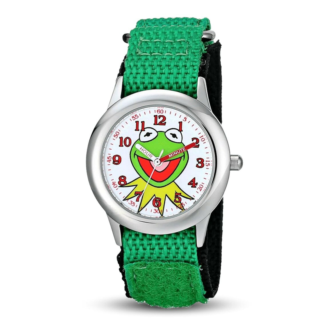 PRODUCT DETAILS ディズニー ザ・マペッツ カーミット The Muppets Kermit キッズ 腕時計 ナイロンベルト タイムティーチャー 32mm【商品仕様】・ ムーブメント：アナログクォーツ・ ケース径：32mm・ ケース素材：ステンレス・ 文字盤色：ホワイト系（HOUR/MINUTE表記）・ バンド素材：ナイロン・ バンド幅：16mm・ 防水：30m防水（日常生活防水）【特徴】・ 時計の読み方を楽しく学べる「タイムティーチャー」機能を備えた知育モデルです。・ 文字盤の針には「HOUR（時）」と「MINUTE（分）」が表記され、お子様が時間を正しく把握しやすい設計になっています。・ ディズニー公式ライセンス商品で、文字盤中央にザ・マペッツの「カーミット」がデザインされています。・ 耐久性の高いステンレス製ケースと、軽量で装着感の良いナイロン製ベルトを採用しています。・ 時計の読み方の練習に役立つ、組み立て式のインタラクティブな練習用ペーパークロックが付属しています。 ■ 商品について 海外輸入品（説明書は英語表記の場合あり） ■ ご注意 ・掲載画像は実物に近い色味になるよう調整しておりますが、ご利用の環境により差異が生じる場合があります。・複数店舗で在庫を共有しているため、ご注文後に在庫切れとなる場合がございます。 ■ 納期について お届けの目安を必ずご確認ください。 海外正規ルート仕入れ品 海外ブランド ▼ 海外正規ブランド店 正規代理店 ▼ 当 店 ※本商品は並行輸入品です 製造元は正規品と同一のブランド・メーカーです。当店では海外正規ルートより仕入れた商品を取り扱っております。流通ルートが異なるのみで、商品自体に違いはございません。 ── 当店の商品について ── 正規品のみ取り扱い 海外正規店・正規代理店から商品を直接仕入れ、国内に輸入して販売しております。 日本未入荷・海外限定モデルも多数 日本未入荷・海外限定モデルも多数取り扱っております。サイズ・カラー違いや海外限定で販売された製品など、日本では手に入りにくいアイテムをお届けいたします。 お求めやすい価格の理由 海外市場での価格差や流通ルートの違いにより、国内販売価格よりお求めやすくなっております。品質はそのままに、よりお手頃な価格でお届けいたします。 安心保証 ご使用前に万が一、製品に不具合がございました場合は、交換または商品代金のご返金にて対応させていただきます。商品到着後5日以内にご連絡ください。 ご注意 海外からの輸入品となります。海外輸送のため、外箱に軽微なスレ等がある場合がございますが、商品本体には影響ございません。 ※在庫状況は仕入先の在庫情報をもとに出来る限り正確に表示しておりますが、取寄せ商品のため、タイミングによりご注文後に欠品・キャンセルとなる場合がございます。 お探しの商品がございましたら、お気軽にご相談ください。