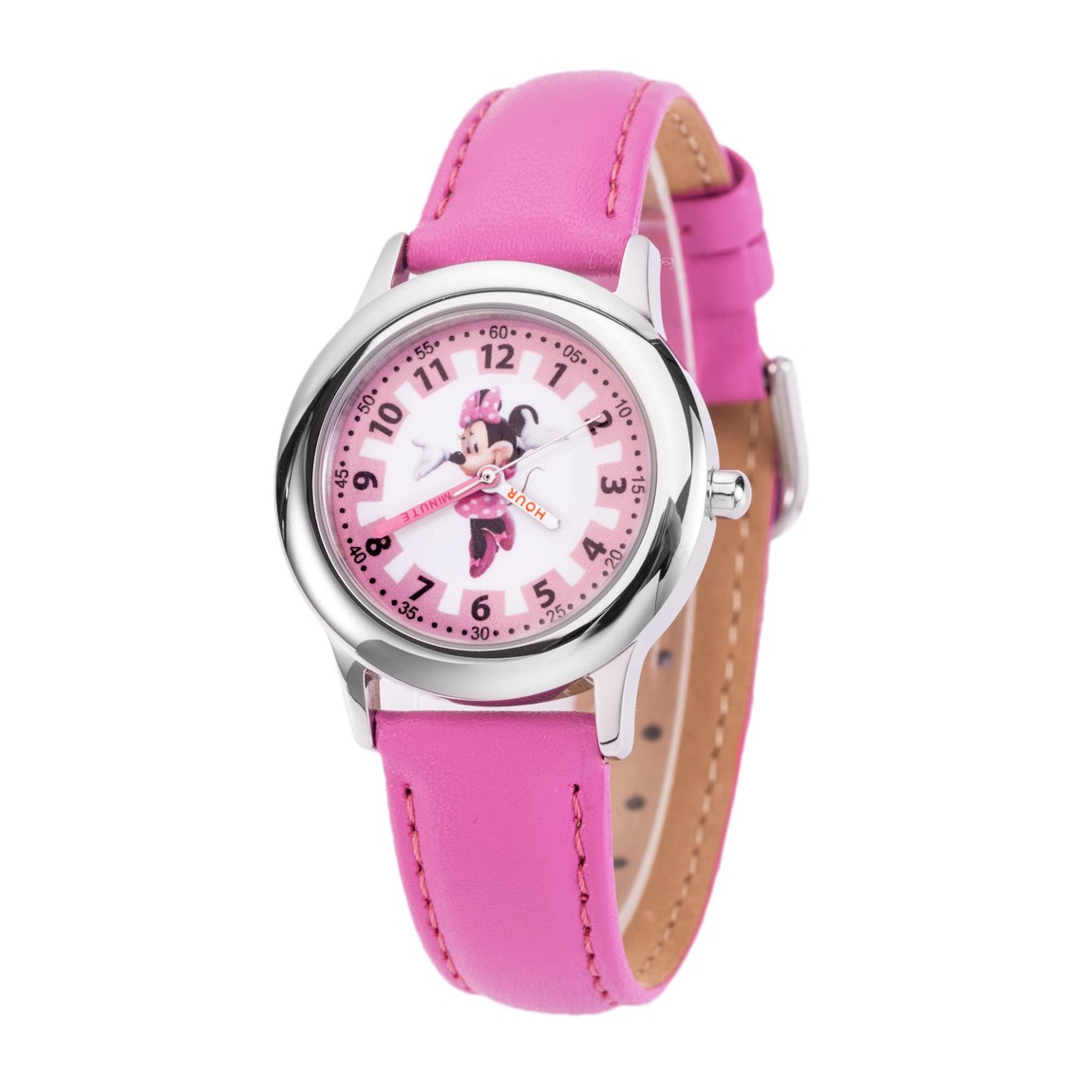 Disney Minnie Mouse Kids Watch, Pink Leather Band, Silver Bezel, Dial with Learning Function, 32mm