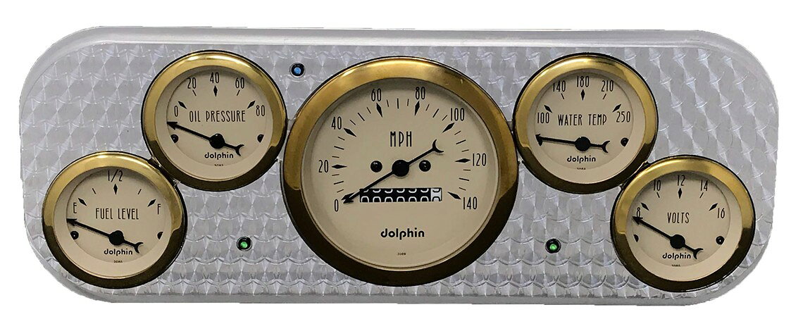 PRODUCT DETAILS Dolphin Gauges 1937-1938 シボレー 5連メーター ダッシュパネルセット ゴールド 機械式/電気式【適合】・ 1937-1938年 シボレー カー【商品仕様】・ 構成：5連メーター（スピードメーター、燃料計、水温計、油圧計、電圧計）・ スピードメーターサイズ：3-3/8インチ（86mm）・ 4種メーターサイズ：2-1/16インチ（52mm）・ スピードメーター種類：機械式・ その他4種メーター種類：電気式・ メーターカラー：ゴールド・ パネル材質：ビレットアルミニウム（エンジンターン仕上げ）・ レンズ：コンベックス（凸型）無反射レンズ【特徴】・ 1937-1938年式シボレーの純正開口部に適合するダッシュパネルインサートです。・ パネルには旋盤加工によるエンジンターン仕上げを施したビレットアルミニウムを採用しています。・ 視認性に優れたコンベックス（凸型）無反射レンズを装備しています。・ 機械式のスピードメーターと、電気式の4連メーターがセットになっています。・ 内部機構にはエアコアムーブメントを採用した計器類です。【付属品】・ メーター本体一式・ インジケーターライト 3個（グリーン2個、ブルー1個）・ メーター取付ブラケット・ 取扱説明書（英語）【ご注意】・ 米国仕様の輸入品です。取扱説明書が付属する場合は英語表記です・ 適合車種・年式はお客様ご自身でご確認ください。取付には専門知識が必要な場合があります ■ 商品について 海外輸入品（説明書は英語表記の場合あり） ■ ご注意 ・掲載画像は実物に近い色味になるよう調整しておりますが、ご利用の環境により差異が生じる場合があります。・複数店舗で在庫を共有しているため、ご注文後に在庫切れとなる場合がございます。 ■ 納期について お届けの目安を必ずご確認ください。 海外正規ルート仕入れ品 海外ブランド ▼ 海外正規ブランド店 正規代理店 ▼ 当 店 ※本商品は並行輸入品です 製造元は正規品と同一のブランド・メーカーです。当店では海外正規ルートより仕入れた商品を取り扱っております。流通ルートが異なるのみで、商品自体に違いはございません。 ── 当店の商品について ── 正規品のみ取り扱い 海外正規店・正規代理店から商品を直接仕入れ、国内に輸入して販売しております。 日本未入荷・海外限定モデルも多数 日本未入荷・海外限定モデルも多数取り扱っております。サイズ・カラー違いや海外限定で販売された製品など、日本では手に入りにくいアイテムをお届けいたします。 お求めやすい価格の理由 海外市場での価格差や流通ルートの違いにより、国内販売価格よりお求めやすくなっております。品質はそのままに、よりお手頃な価格でお届けいたします。 安心保証 ご使用前に万が一、製品に不具合がございました場合は、交換または商品代金のご返金にて対応させていただきます。商品到着後5日以内にご連絡ください。 ご注意 海外からの輸入品となります。海外輸送のため、外箱に軽微なスレ等がある場合がございますが、商品本体には影響ございません。 ※在庫状況は仕入先の在庫情報をもとに出来る限り正確に表示しておりますが、取寄せ商品のため、タイミングによりご注文後に欠品・キャンセルとなる場合がございます。 お探しの商品がございましたら、お気軽にご相談ください。
