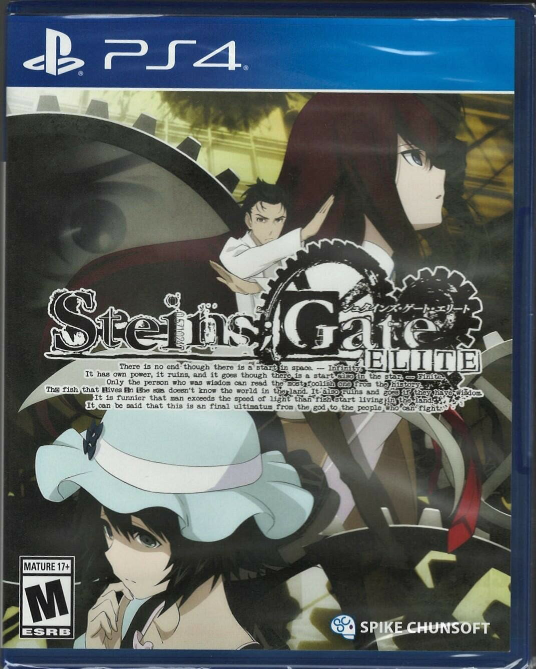 PRODUCT DETAILS 【商品情報】・商品名：STEINS: GATE ELITE PS4 (Brand New Factory Sealed US Version) PlayStation 4,PlayS・対応機種：プレイステーション4（PS4）・仕様：北米版（NTSC-U/C）・言語：英語【コンディション】・新品未開封の海外直輸入品です。・パッケージに輸送によるスレ・小傷がある場合があります。 ■ 北米版ゲームについてのご注意（必ずお読みください） 【北米版 ゲームについてのご注意】こちらの商品は、北米版（海外仕様）のゲームソフトです。・プレイステーション4（PS4）本体はリージョンフリーのため、日本国内の本体でもプレイいただけます。・ゲーム内の表示および音声は、基本的に英語です。日本語には対応していない場合があります。・オンライン機能・ダウンロードコンテンツ等は、アカウントの地域により利用できない場合があります。・海外版であることを理由とした返品・交換はお受けできません。 ■ ご注意 ・掲載画像は実物に近い色味になるよう調整しておりますが、ご利用の環境により差異が生じる場合があります。・複数店舗で在庫を共有しているため、ご注文後に在庫切れとなる場合がございます。・海外倉庫からのお取り寄せのため、発送までに数日〜2〜3週間程度かかる場合があります。 ■ 納期についてお届けの目安を必ずご確認ください。 ご注意 海外からの輸入品となります。海外輸送のため、外箱に軽微なスレ等がある場合がございますが、商品本体には影響ございません。 ※在庫状況は仕入先の在庫情報をもとに出来る限り正確に表示しておりますが、取寄せ商品のため、タイミングによりご注文後に欠品・キャンセルとなる場合がございます。