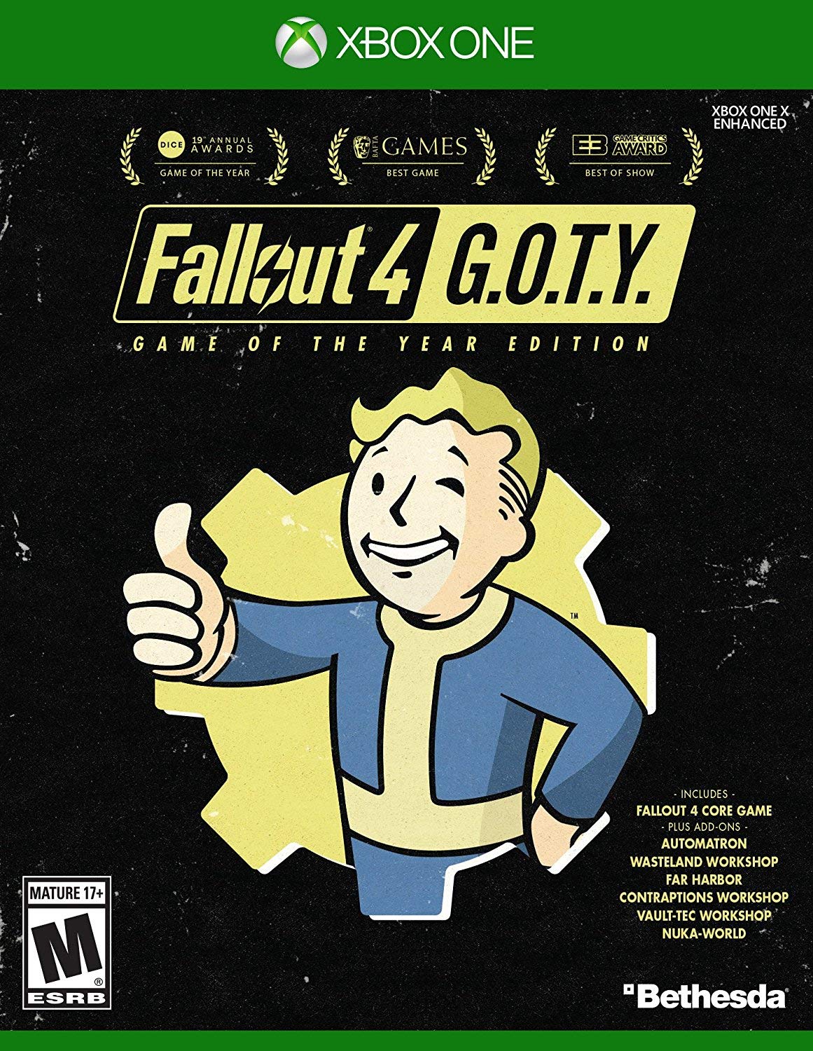 PRODUCT DETAILS 【商品情報】・商品名：Fallout 4 Game of The Year Edition - Xbox One・対応機種：Xbox One／Xbox Series X・仕様：北米版・言語：英語【コンディション】・新品・海外直輸入品です。・パッケージに輸送によるスレ・小傷がある場合があります。 ■ 日本国内のXbox本体でプレイいただけます Xbox One／Xbox Series X のディスクはリージョンフリーのため、北米版のソフトも日本国内で購入された本体でそのままプレイいただけます。対応本体：Xbox One／Xbox One S／Xbox One X／Xbox Series X ■ 北米版ゲームについてのご注意（必ずお読みください） ・ゲーム内の表示および音声は英語です。日本語には対応しておりません。・Xbox Series S はディスクドライブを搭載していないため、本商品はプレイできません。・追加コンテンツ（DLC）やオンライン機能のご利用には、北米（海外）のMicrosoftアカウントが必要となる場合があります。・パッケージ・取扱説明書はすべて英語表記です。・海外版であること、およびお手持ちの本体で使用できないことを理由とした返品・交換はお受けできません。 ■ ご注意 ・掲載画像は実物に近い色味になるよう調整しておりますが、ご利用の環境により差異が生じる場合があります。・複数店舗で在庫を共有しているため、ご注文後に在庫切れとなる場合がございます。・海外倉庫からのお取り寄せのため、発送までに数日〜2〜3週間程度かかる場合があります。 ■ 納期についてお届けの目安を必ずご確認ください。 ご注意 海外からの輸入品となります。海外輸送のため、外箱に軽微なスレ等がある場合がございますが、商品本体には影響ございません。 ※在庫状況は仕入先の在庫情報をもとに出来る限り正確に表示しておりますが、取寄せ商品のため、タイミングによりご注文後に欠品・キャンセルとなる場合がございます。