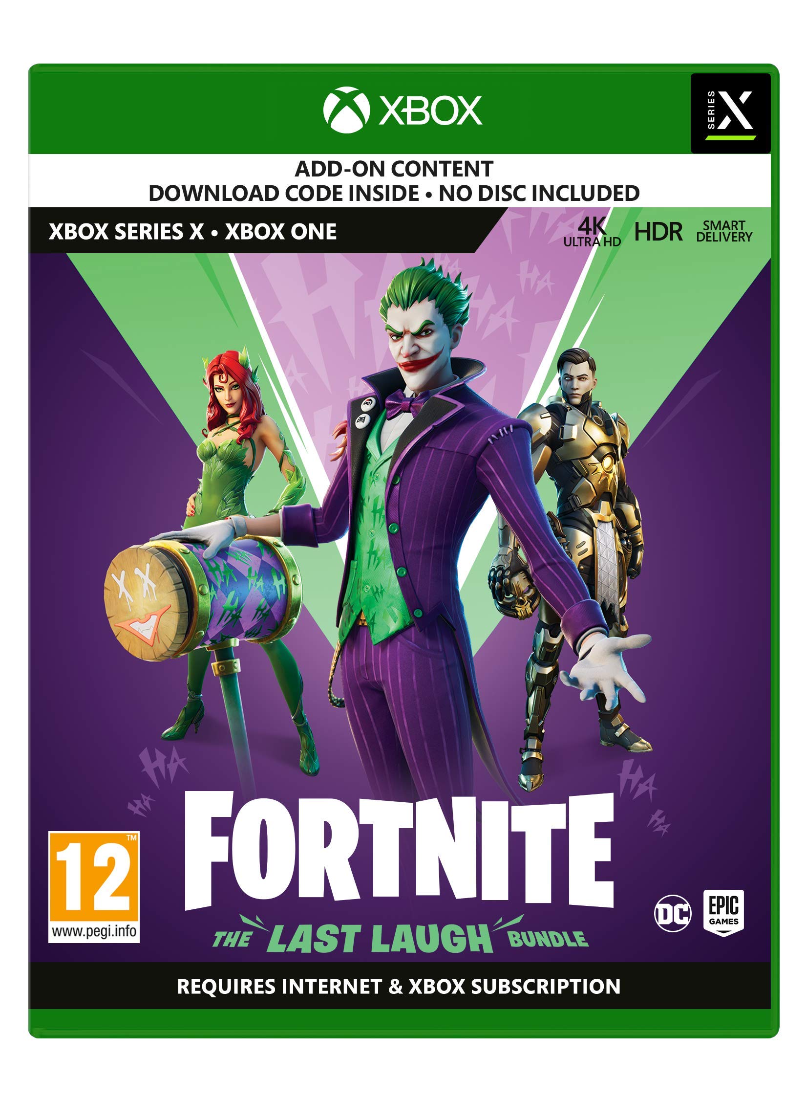 PRODUCT DETAILS 【商品情報】・商品名：Fortnite: The Last Laugh Bundle (Xbox One/Series X)・対応機種：Xbox One／Xbox Series X・仕様：北米版・言語：英語【コンディション】・新品・海外直輸入品です。・パッケージに輸送によるスレ・小傷がある場合があります。 ■ 日本国内のXbox本体でプレイいただけます Xbox One／Xbox Series X のディスクはリージョンフリーのため、北米版のソフトも日本国内で購入された本体でそのままプレイいただけます。対応本体：Xbox One／Xbox One S／Xbox One X／Xbox Series X ■ 北米版ゲームについてのご注意（必ずお読みください） ・ゲーム内の表示および音声は英語です。日本語には対応しておりません。・Xbox Series S はディスクドライブを搭載していないため、本商品はプレイできません。・追加コンテンツ（DLC）やオンライン機能のご利用には、北米（海外）のMicrosoftアカウントが必要となる場合があります。・パッケージ・取扱説明書はすべて英語表記です。・海外版であること、およびお手持ちの本体で使用できないことを理由とした返品・交換はお受けできません。 ■ ご注意 ・掲載画像は実物に近い色味になるよう調整しておりますが、ご利用の環境により差異が生じる場合があります。・複数店舗で在庫を共有しているため、ご注文後に在庫切れとなる場合がございます。・海外倉庫からのお取り寄せのため、発送までに数日〜2〜3週間程度かかる場合があります。 ■ 納期についてお届けの目安を必ずご確認ください。 ご注意 海外からの輸入品となります。海外輸送のため、外箱に軽微なスレ等がある場合がございますが、商品本体には影響ございません。 ※在庫状況は仕入先の在庫情報をもとに出来る限り正確に表示しておりますが、取寄せ商品のため、タイミングによりご注文後に欠品・キャンセルとなる場合がございます。