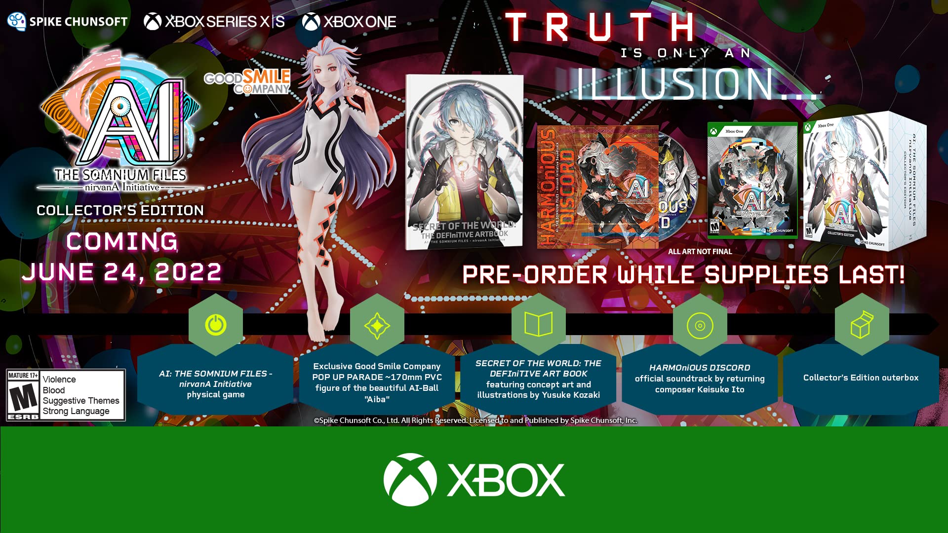PRODUCT DETAILS 【商品情報】・商品名：AI: THE SOMNIUM FILES - nirvanA Initiative (Collector's Edition) - Xbox One・対応機種：Xbox One／Xbox Series X・仕様：北米版・言語：英語【コンディション】・新品・海外直輸入品です。・パッケージに輸送によるスレ・小傷がある場合があります。 ■ 日本国内のXbox本体でプレイいただけます Xbox One／Xbox Series X のディスクはリージョンフリーのため、北米版のソフトも日本国内で購入された本体でそのままプレイいただけます。対応本体：Xbox One／Xbox One S／Xbox One X／Xbox Series X ■ 北米版ゲームについてのご注意（必ずお読みください） ・ゲーム内の表示および音声は英語です。日本語には対応しておりません。・Xbox Series S はディスクドライブを搭載していないため、本商品はプレイできません。・追加コンテンツ（DLC）やオンライン機能のご利用には、北米（海外）のMicrosoftアカウントが必要となる場合があります。・パッケージ・取扱説明書はすべて英語表記です。・海外版であること、およびお手持ちの本体で使用できないことを理由とした返品・交換はお受けできません。 ■ ご注意 ・掲載画像は実物に近い色味になるよう調整しておりますが、ご利用の環境により差異が生じる場合があります。・複数店舗で在庫を共有しているため、ご注文後に在庫切れとなる場合がございます。・海外倉庫からのお取り寄せのため、発送までに数日〜2〜3週間程度かかる場合があります。 ■ 納期についてお届けの目安を必ずご確認ください。 ご注意 海外からの輸入品となります。海外輸送のため、外箱に軽微なスレ等がある場合がございますが、商品本体には影響ございません。 ※在庫状況は仕入先の在庫情報をもとに出来る限り正確に表示しておりますが、取寄せ商品のため、タイミングによりご注文後に欠品・キャンセルとなる場合がございます。