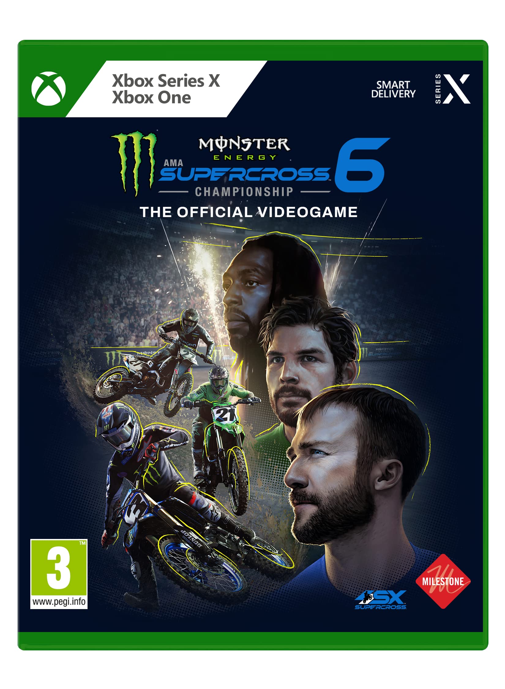 PRODUCT DETAILS 【商品情報】・商品名：Monster Energy Supercross - The Official Videogame 6・対応機種：Xbox One／Xbox Series X・仕様：北米版・言語：英語【コンディション】・新品・海外直輸入品です。・パッケージに輸送によるスレ・小傷がある場合があります。 ■ 日本国内のXbox本体でプレイいただけます Xbox One／Xbox Series X のディスクはリージョンフリーのため、北米版のソフトも日本国内で購入された本体でそのままプレイいただけます。対応本体：Xbox One／Xbox One S／Xbox One X／Xbox Series X ■ 北米版ゲームについてのご注意（必ずお読みください） ・ゲーム内の表示および音声は英語です。日本語には対応しておりません。・Xbox Series S はディスクドライブを搭載していないため、本商品はプレイできません。・追加コンテンツ（DLC）やオンライン機能のご利用には、北米（海外）のMicrosoftアカウントが必要となる場合があります。・パッケージ・取扱説明書はすべて英語表記です。・海外版であること、およびお手持ちの本体で使用できないことを理由とした返品・交換はお受けできません。 ■ ご注意 ・掲載画像は実物に近い色味になるよう調整しておりますが、ご利用の環境により差異が生じる場合があります。・複数店舗で在庫を共有しているため、ご注文後に在庫切れとなる場合がございます。・海外倉庫からのお取り寄せのため、発送までに数日〜2〜3週間程度かかる場合があります。 ■ 納期についてお届けの目安を必ずご確認ください。 ご注意 海外からの輸入品となります。海外輸送のため、外箱に軽微なスレ等がある場合がございますが、商品本体には影響ございません。 ※在庫状況は仕入先の在庫情報をもとに出来る限り正確に表示しておりますが、取寄せ商品のため、タイミングによりご注文後に欠品・キャンセルとなる場合がございます。