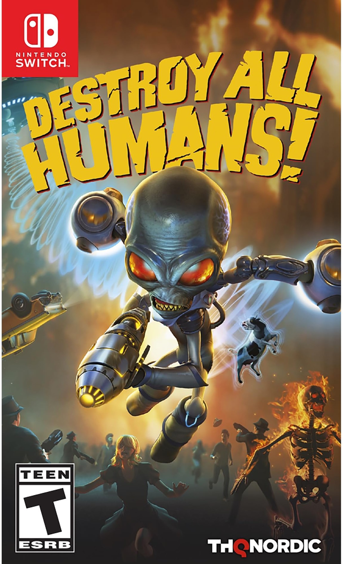 PRODUCT DETAILS 【商品情報】・商品名：Destroy All Humans! - Nintendo Switch・対応機種：Nintendo Switch（ニンテンドースイッチ）・仕様：北米版・言語：英語【コンディション】・海外直輸入品です。・パッケージに輸送によるスレ・小傷がある場合があります。 ■ 日本国内のSwitch本体でプレイいただけます Nintendo Switchはリージョンフリーのため、北米版のゲームカードも日本国内で購入された本体でそのままプレイいただけます。 ■ 北米版ゲームについてのご注意（必ずお読みください） ・ゲーム内の表示および音声は英語です。タイトルによっては日本語に対応していない場合があります。・パッケージ・取扱説明書はすべて英語表記です。・追加コンテンツ（DLC）やオンライン機能のご利用には、北米（海外）のニンテンドーアカウントが必要となる場合があります。・日本国内で購入されたダウンロード版・セーブデータとの互換については保証いたしかねます。・海外版であることを理由とした返品・交換はお受けできません。 ■ ご注意 ・掲載画像は実物に近い色味になるよう調整しておりますが、ご利用の環境により差異が生じる場合があります。・複数店舗で在庫を共有しているため、ご注文後に在庫切れとなる場合がございます。・海外倉庫からのお取り寄せのため、発送までに数日〜2〜3週間程度かかる場合があります。 ■ 納期についてお届けの目安を必ずご確認ください。 ご注意 海外からの輸入品となります。海外輸送のため、外箱に軽微なスレ等がある場合がございますが、商品本体には影響ございません。 ※在庫状況は仕入先の在庫情報をもとに出来る限り正確に表示しておりますが、取寄せ商品のため、タイミングによりご注文後に欠品・キャンセルとなる場合がございます。