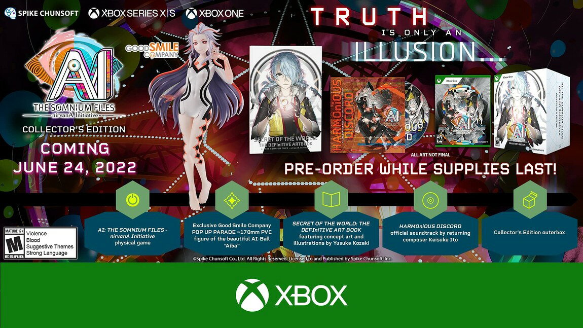 PRODUCT DETAILS 【商品情報】・商品名：AI: The Somnium Files - nirvanA Initiative (Collector's Edition) - Xbox One・対応機種：Xbox One（Xbox One）・仕様：北米版（NTSC-U/C）・言語：英語【コンディション】・新品未開封の海外直輸入品です。・パッケージに輸送によるスレ・小傷がある場合があります。 ■ 北米版ゲームについてのご注意（必ずお読みください） 【北米版 ゲームについてのご注意】こちらの商品は、北米版（海外仕様）のゲームソフトです。・Xbox One（Xbox One）本体はリージョンフリーのため、日本国内の本体でもプレイいただけます。・ゲーム内の表示および音声は、基本的に英語です。日本語には対応していない場合があります。・オンライン機能・ダウンロードコンテンツ等は、アカウントの地域により利用できない場合があります。・海外版であることを理由とした返品・交換はお受けできません。 ■ ご注意 ・掲載画像は実物に近い色味になるよう調整しておりますが、ご利用の環境により差異が生じる場合があります。・複数店舗で在庫を共有しているため、ご注文後に在庫切れとなる場合がございます。・海外倉庫からのお取り寄せのため、発送までに数日〜2〜3週間程度かかる場合があります。 ■ 納期についてお届けの目安を必ずご確認ください。 ご注意 海外からの輸入品となります。海外輸送のため、外箱に軽微なスレ等がある場合がございますが、商品本体には影響ございません。 ※在庫状況は仕入先の在庫情報をもとに出来る限り正確に表示しておりますが、取寄せ商品のため、タイミングによりご注文後に欠品・キャンセルとなる場合がございます。