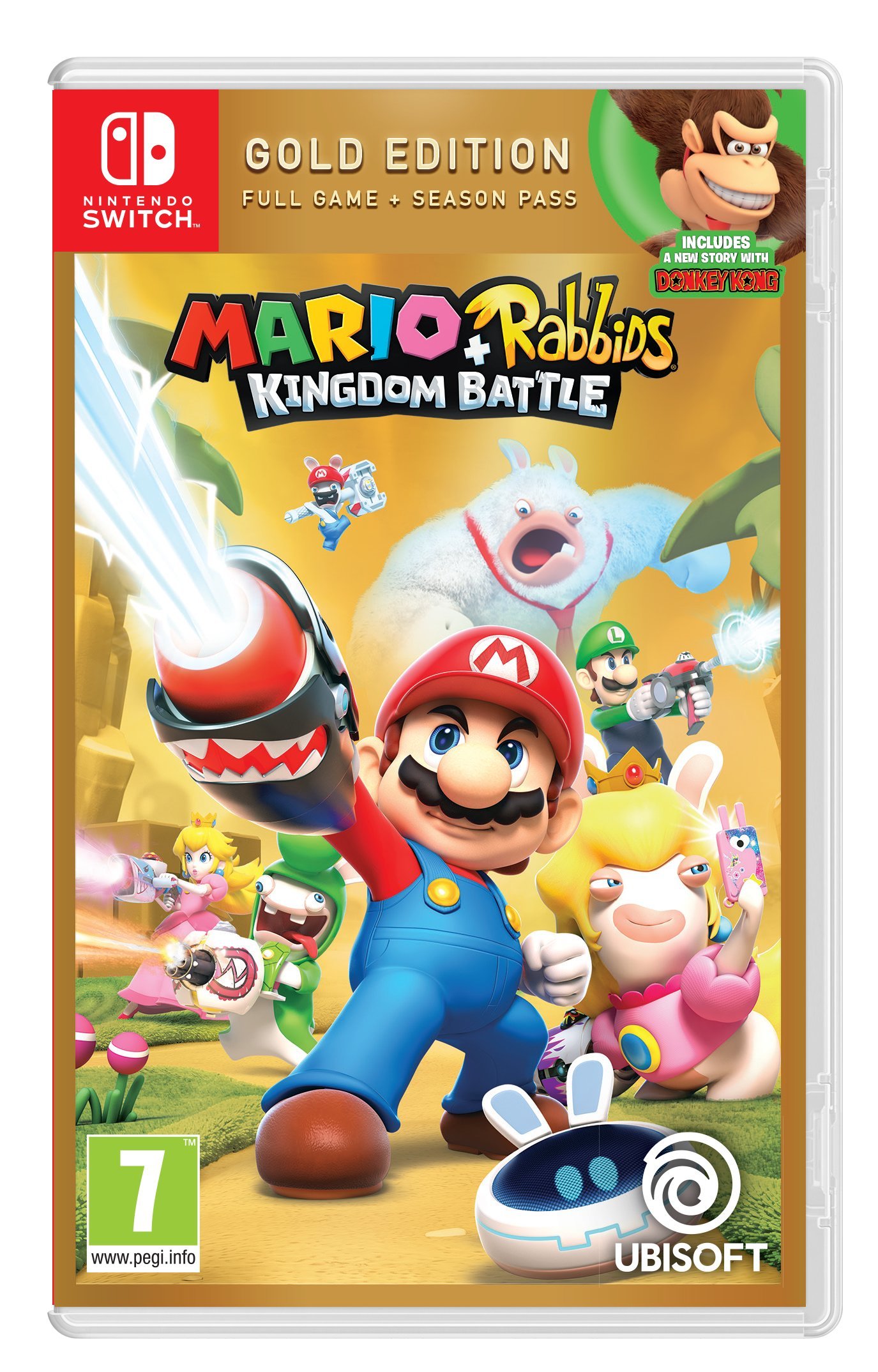 PRODUCT DETAILS 【商品情報】・商品名：Mario + Rabbids Kingdom Battle Gold Edition・対応機種：Nintendo Switch（ニンテンドースイッチ）・仕様：北米版・言語：英語【コンディション】・海外直輸入品です。・パッケージに輸送によるスレ・小傷がある場合があります。 ■ 日本国内のSwitch本体でプレイいただけます Nintendo Switchはリージョンフリーのため、北米版のゲームカードも日本国内で購入された本体でそのままプレイいただけます。 ■ 北米版ゲームについてのご注意（必ずお読みください） ・ゲーム内の表示および音声は英語です。タイトルによっては日本語に対応していない場合があります。・パッケージ・取扱説明書はすべて英語表記です。・追加コンテンツ（DLC）やオンライン機能のご利用には、北米（海外）のニンテンドーアカウントが必要となる場合があります。・日本国内で購入されたダウンロード版・セーブデータとの互換については保証いたしかねます。・海外版であることを理由とした返品・交換はお受けできません。 ■ ご注意 ・掲載画像は実物に近い色味になるよう調整しておりますが、ご利用の環境により差異が生じる場合があります。・複数店舗で在庫を共有しているため、ご注文後に在庫切れとなる場合がございます。・海外倉庫からのお取り寄せのため、発送までに数日〜2〜3週間程度かかる場合があります。 ■ 納期についてお届けの目安を必ずご確認ください。 ご注意 海外からの輸入品となります。海外輸送のため、外箱に軽微なスレ等がある場合がございますが、商品本体には影響ございません。 ※在庫状況は仕入先の在庫情報をもとに出来る限り正確に表示しておりますが、取寄せ商品のため、タイミングによりご注文後に欠品・キャンセルとなる場合がございます。