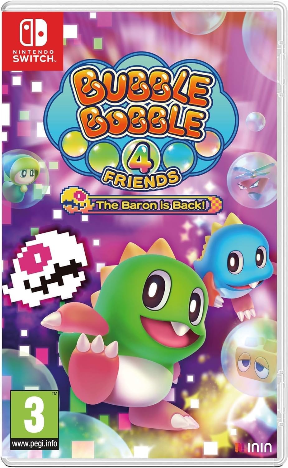 PRODUCT DETAILS 【商品情報】・商品名：Bubble Bobble 4 Friends The Baron Is Back! (Nintendo Switch)・対応機種：Nintendo Switch（ニンテンドースイッチ）・仕様：北米版・言語：英語【コンディション】・海外直輸入品です。・パッケージに輸送によるスレ・小傷がある場合があります。 ■ 日本国内のSwitch本体でプレイいただけます Nintendo Switchはリージョンフリーのため、北米版のゲームカードも日本国内で購入された本体でそのままプレイいただけます。 ■ 北米版ゲームについてのご注意（必ずお読みください） ・ゲーム内の表示および音声は英語です。タイトルによっては日本語に対応していない場合があります。・パッケージ・取扱説明書はすべて英語表記です。・追加コンテンツ（DLC）やオンライン機能のご利用には、北米（海外）のニンテンドーアカウントが必要となる場合があります。・日本国内で購入されたダウンロード版・セーブデータとの互換については保証いたしかねます。・海外版であることを理由とした返品・交換はお受けできません。 ■ ご注意 ・掲載画像は実物に近い色味になるよう調整しておりますが、ご利用の環境により差異が生じる場合があります。・複数店舗で在庫を共有しているため、ご注文後に在庫切れとなる場合がございます。・海外倉庫からのお取り寄せのため、発送までに数日〜2〜3週間程度かかる場合があります。 ■ 納期についてお届けの目安を必ずご確認ください。 ご注意 海外からの輸入品となります。海外輸送のため、外箱に軽微なスレ等がある場合がございますが、商品本体には影響ございません。 ※在庫状況は仕入先の在庫情報をもとに出来る限り正確に表示しておりますが、取寄せ商品のため、タイミングによりご注文後に欠品・キャンセルとなる場合がございます。