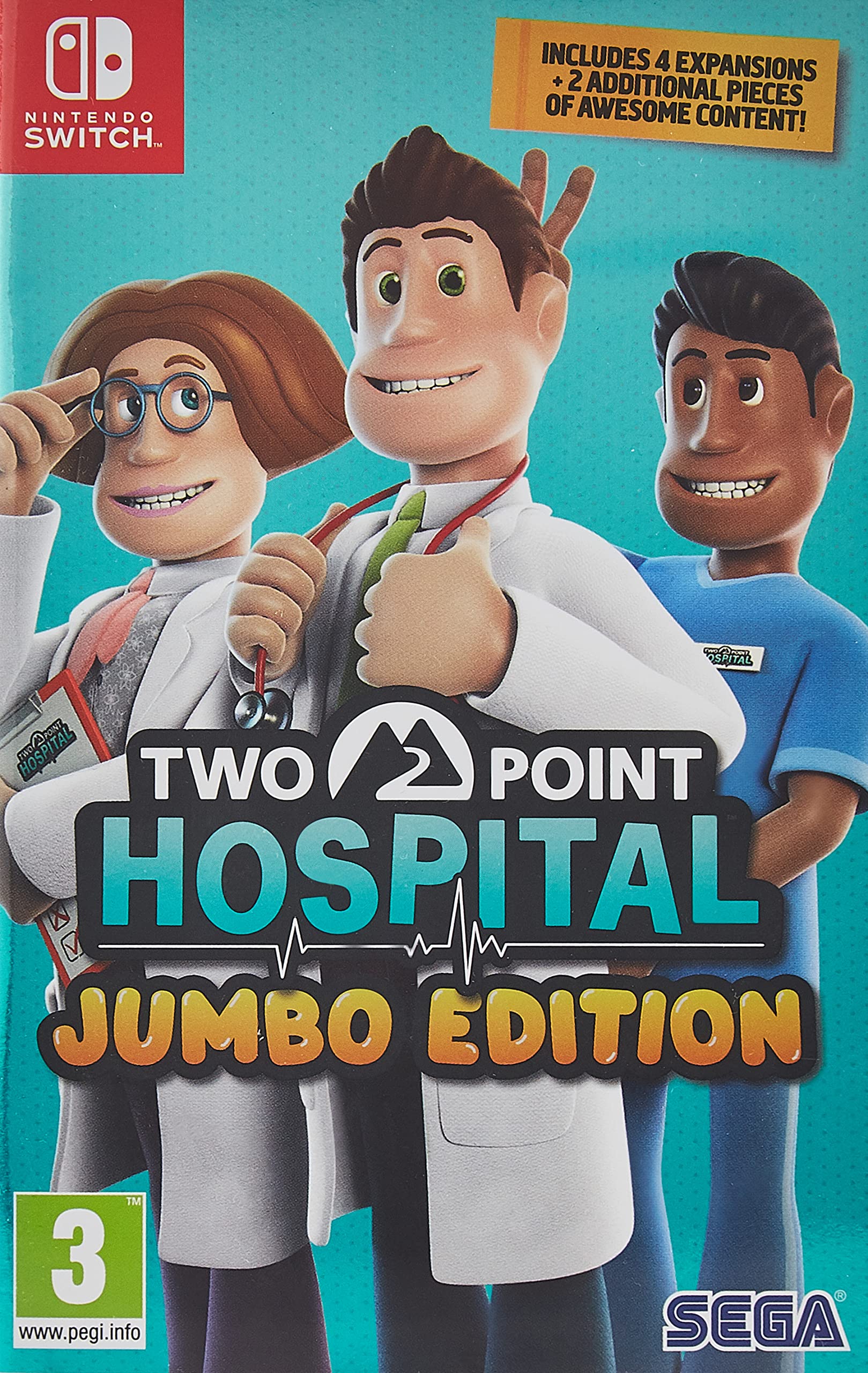 PRODUCT DETAILS 【商品情報】・商品名：Two Point Hospital - Jumbo Edition (Switch) (Nintendo Switch)・対応機種：Nintendo Switch（ニンテンドースイッチ）・仕様：北米版・言語：英語【コンディション】・海外直輸入品です。・パッケージに輸送によるスレ・小傷がある場合があります。 ■ 日本国内のSwitch本体でプレイいただけます Nintendo Switchはリージョンフリーのため、北米版のゲームカードも日本国内で購入された本体でそのままプレイいただけます。 ■ 北米版ゲームについてのご注意（必ずお読みください） ・ゲーム内の表示および音声は英語です。タイトルによっては日本語に対応していない場合があります。・パッケージ・取扱説明書はすべて英語表記です。・追加コンテンツ（DLC）やオンライン機能のご利用には、北米（海外）のニンテンドーアカウントが必要となる場合があります。・日本国内で購入されたダウンロード版・セーブデータとの互換については保証いたしかねます。・海外版であることを理由とした返品・交換はお受けできません。 ■ ご注意 ・掲載画像は実物に近い色味になるよう調整しておりますが、ご利用の環境により差異が生じる場合があります。・複数店舗で在庫を共有しているため、ご注文後に在庫切れとなる場合がございます。・海外倉庫からのお取り寄せのため、発送までに数日〜2〜3週間程度かかる場合があります。 ■ 納期についてお届けの目安を必ずご確認ください。 ご注意 海外からの輸入品となります。海外輸送のため、外箱に軽微なスレ等がある場合がございますが、商品本体には影響ございません。 ※在庫状況は仕入先の在庫情報をもとに出来る限り正確に表示しておりますが、取寄せ商品のため、タイミングによりご注文後に欠品・キャンセルとなる場合がございます。