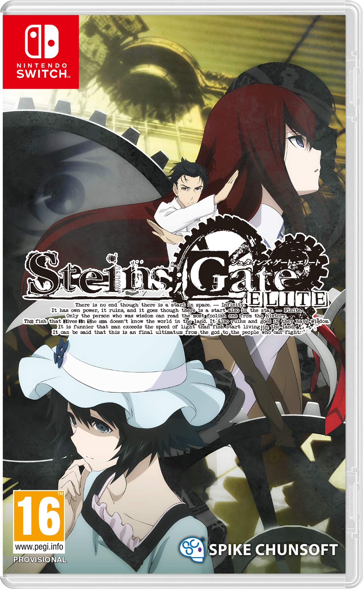 PRODUCT DETAILS 【商品情報】・商品名：Steins; Gate Elite Nintendo Switch・対応機種：Nintendo Switch（ニンテンドースイッチ）・仕様：北米版・言語：英語【コンディション】・海外直輸入品です。・パッケージに輸送によるスレ・小傷がある場合があります。 ■ 日本国内のSwitch本体でプレイいただけます Nintendo Switchはリージョンフリーのため、北米版のゲームカードも日本国内で購入された本体でそのままプレイいただけます。 ■ 北米版ゲームについてのご注意（必ずお読みください） ・ゲーム内の表示および音声は英語です。タイトルによっては日本語に対応していない場合があります。・パッケージ・取扱説明書はすべて英語表記です。・追加コンテンツ（DLC）やオンライン機能のご利用には、北米（海外）のニンテンドーアカウントが必要となる場合があります。・日本国内で購入されたダウンロード版・セーブデータとの互換については保証いたしかねます。・海外版であることを理由とした返品・交換はお受けできません。 ■ ご注意 ・掲載画像は実物に近い色味になるよう調整しておりますが、ご利用の環境により差異が生じる場合があります。・複数店舗で在庫を共有しているため、ご注文後に在庫切れとなる場合がございます。・海外倉庫からのお取り寄せのため、発送までに数日〜2〜3週間程度かかる場合があります。 ■ 納期についてお届けの目安を必ずご確認ください。 ご注意 海外からの輸入品となります。海外輸送のため、外箱に軽微なスレ等がある場合がございますが、商品本体には影響ございません。 ※在庫状況は仕入先の在庫情報をもとに出来る限り正確に表示しておりますが、取寄せ商品のため、タイミングによりご注文後に欠品・キャンセルとなる場合がございます。